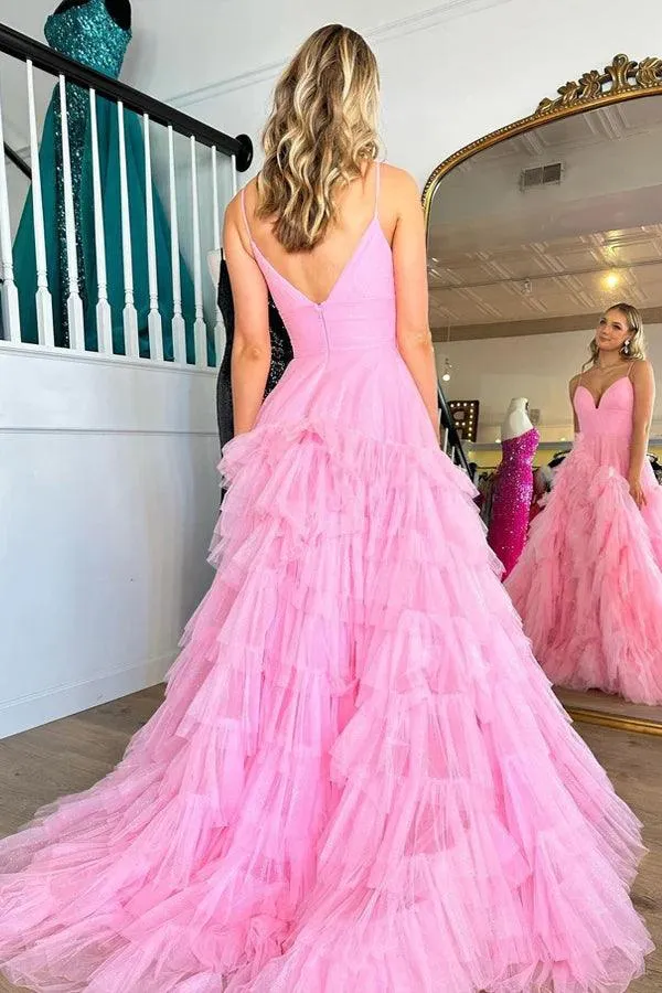 Pink V-Neck Empire Waist Tiered Long Prom Dress with Ruffles  PSK409