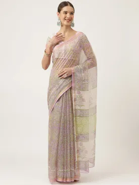 Purple Hand Block Kota Doria Saree