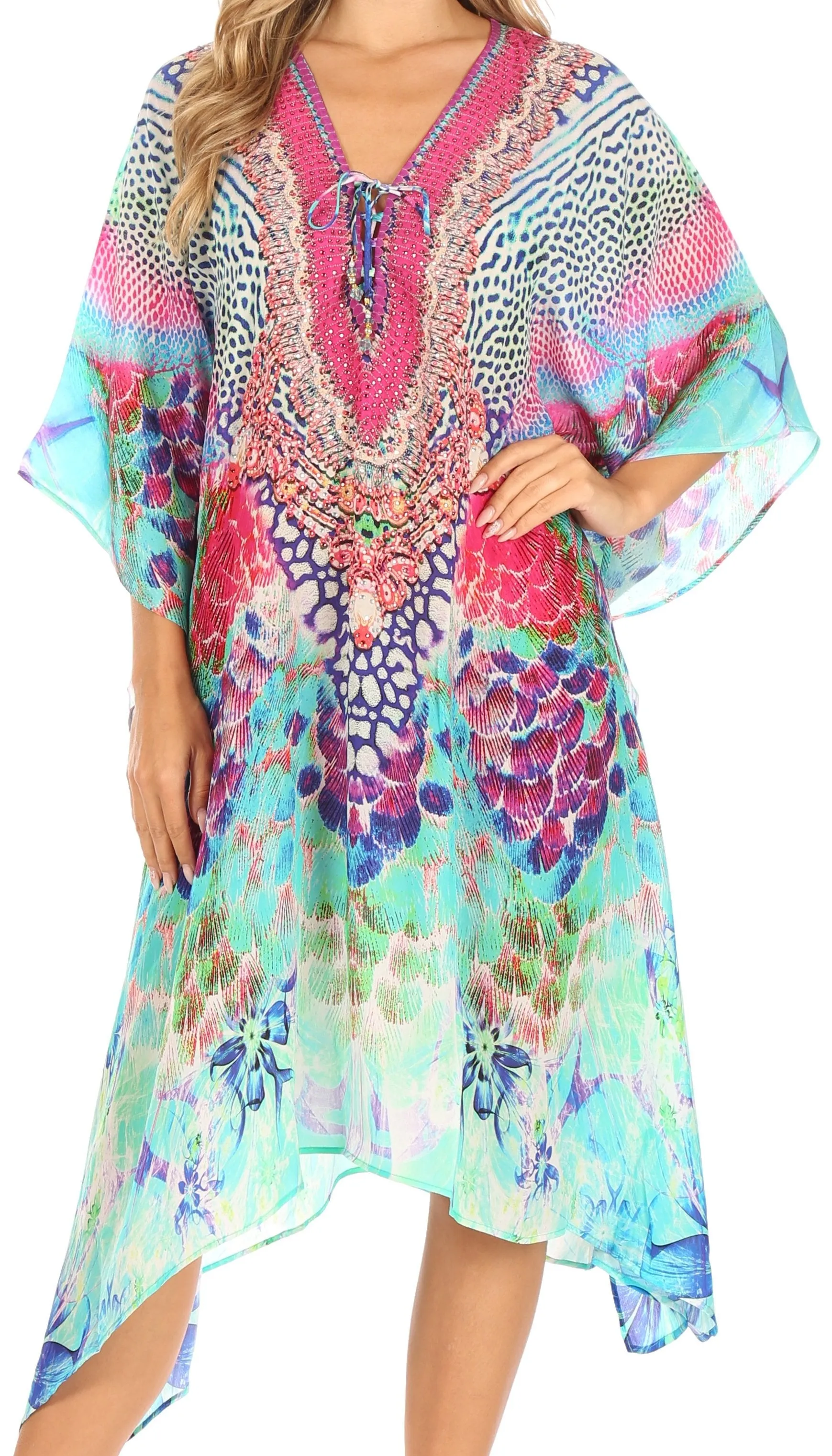 Sakkas Kristy Long Tall Lightweight Caftan Dress / Cover Up With V-Neck Jewels