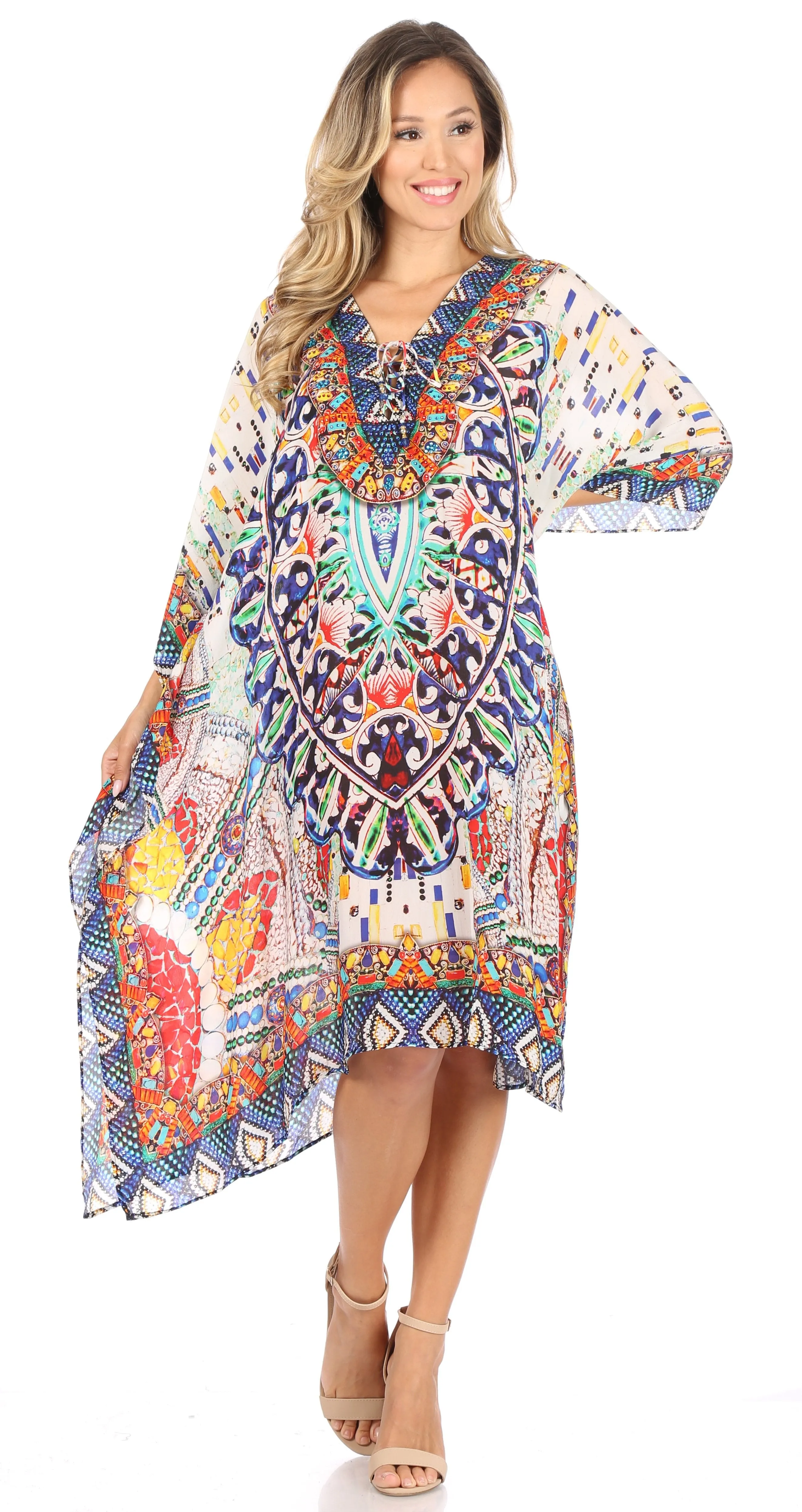 Sakkas Kristy Long Tall Lightweight Caftan Dress / Cover Up With V-Neck Jewels