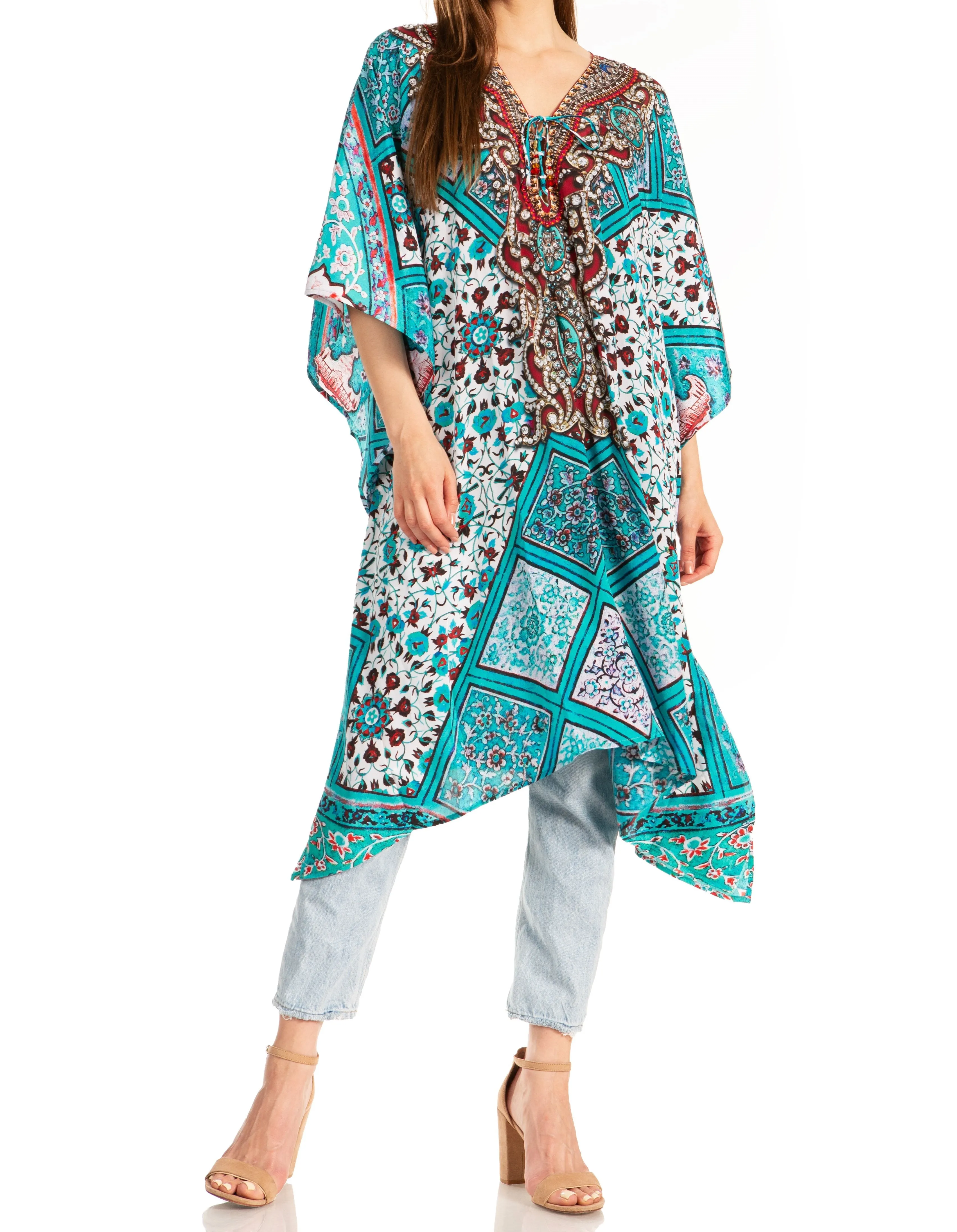 Sakkas Kristy Long Tall Lightweight Caftan Dress / Cover Up With V-Neck Jewels