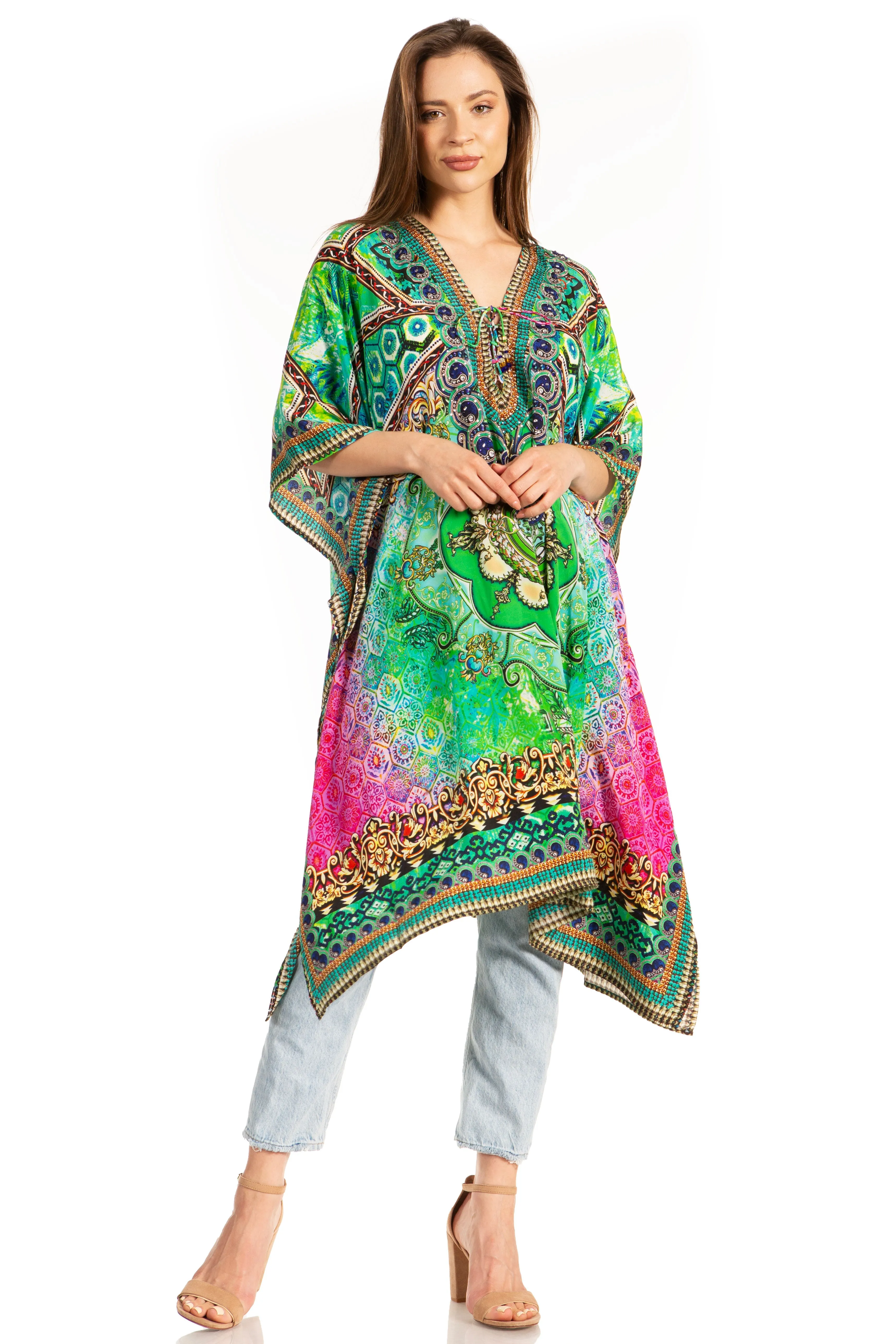 Sakkas Kristy Long Tall Lightweight Caftan Dress / Cover Up With V-Neck Jewels