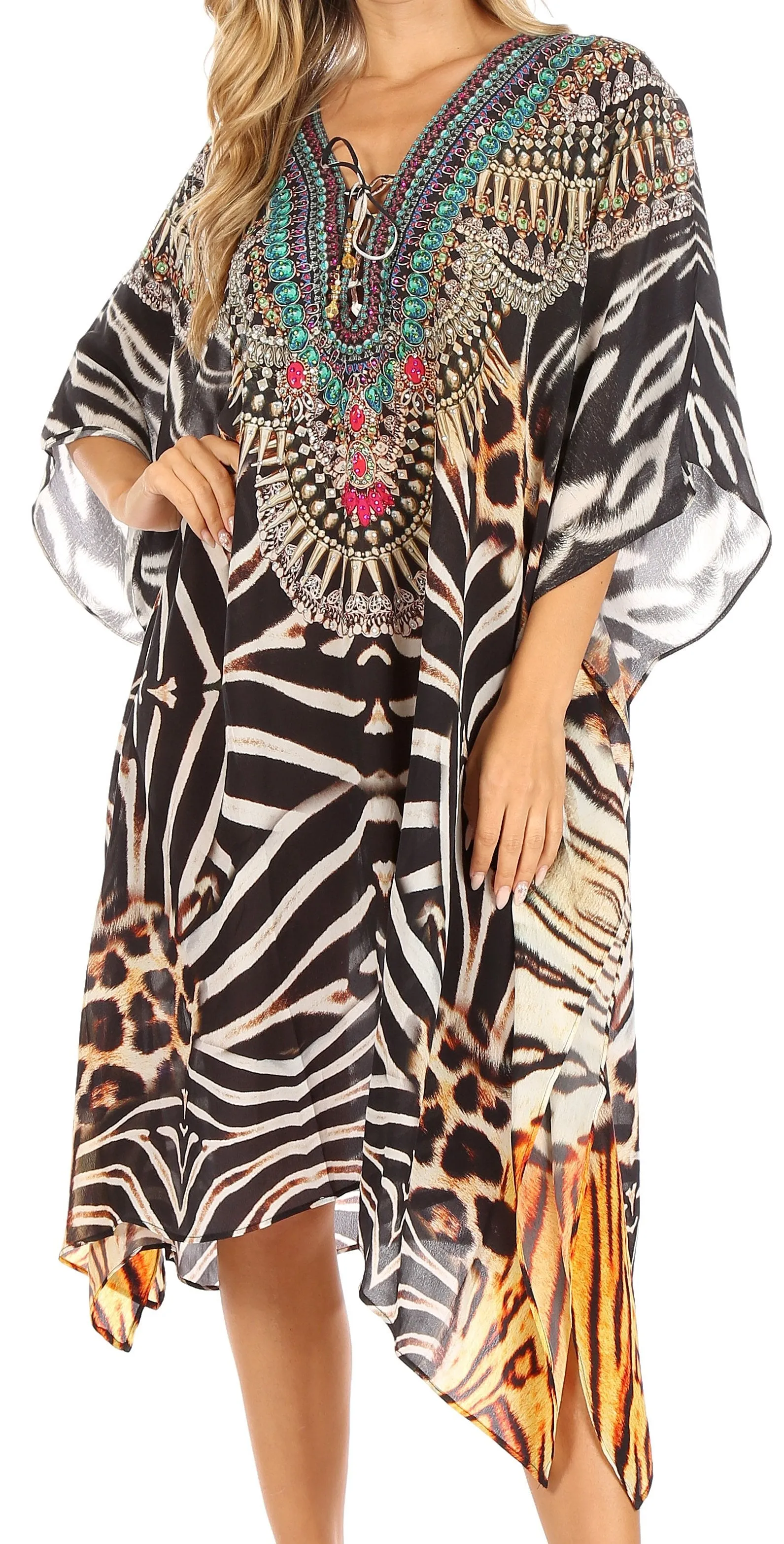 Sakkas Kristy Long Tall Lightweight Caftan Dress / Cover Up With V-Neck Jewels