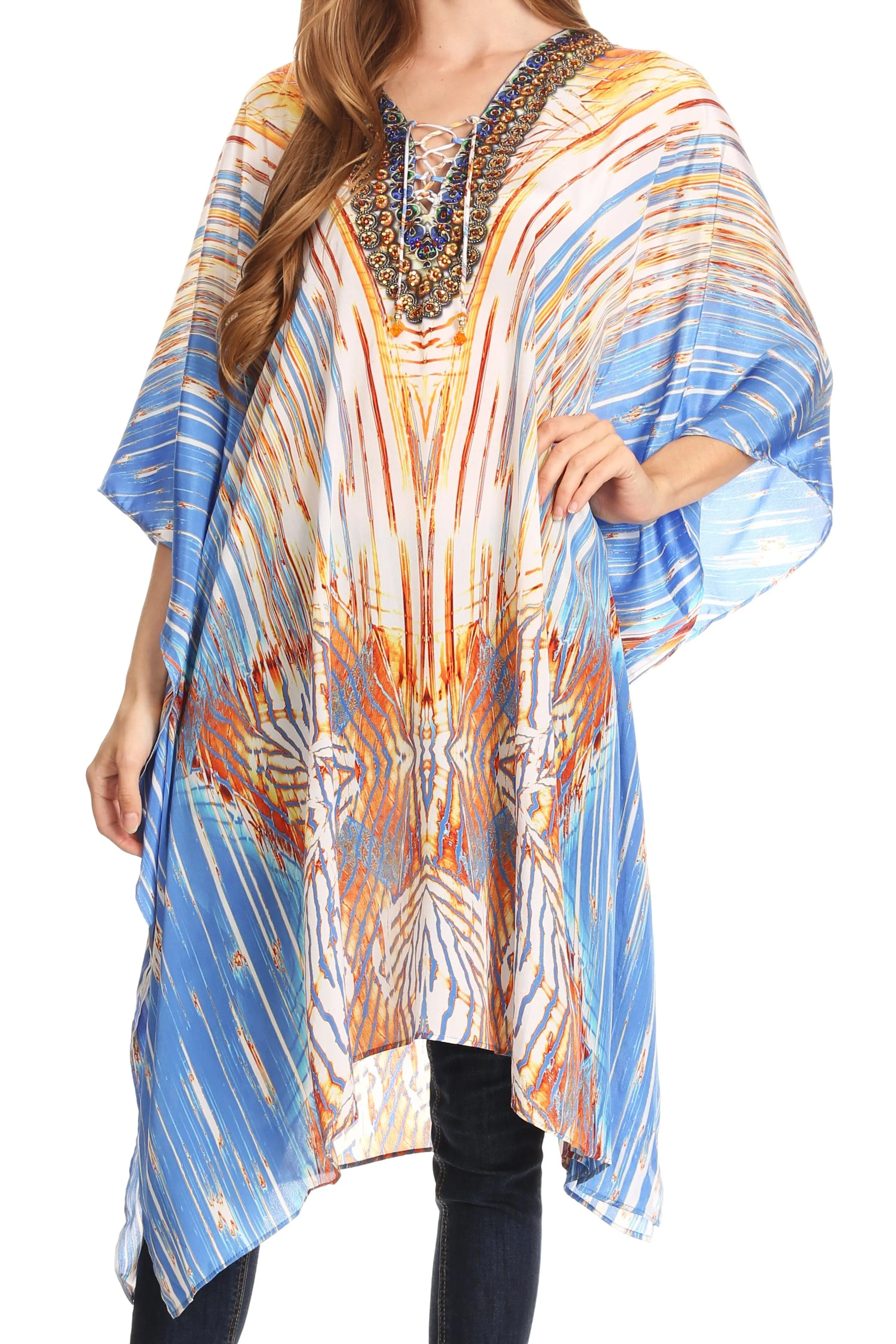 Sakkas Kristy Long Tall Lightweight Caftan Dress / Cover Up With V-Neck Jewels