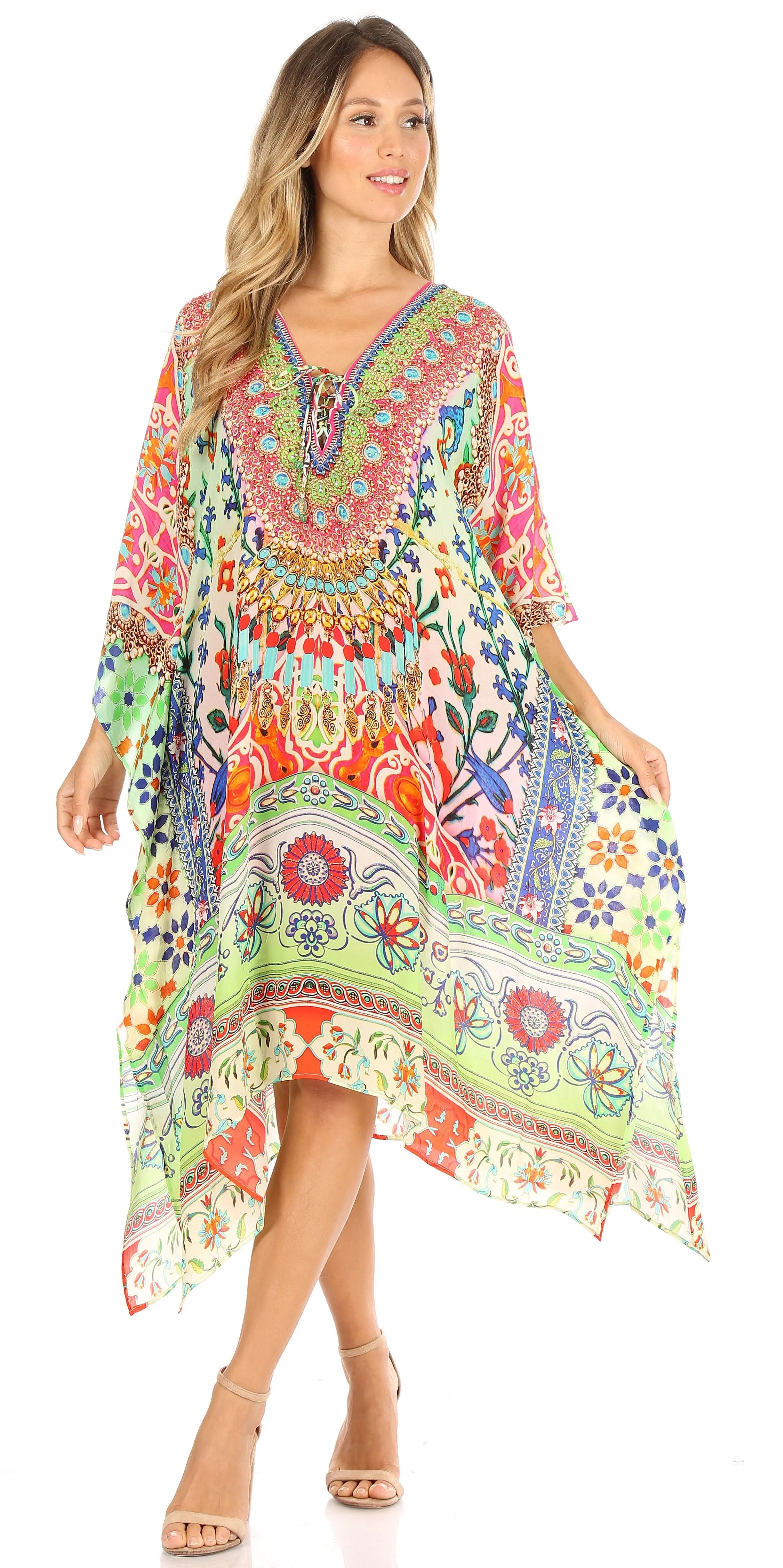 Sakkas Kristy Long Tall Lightweight Caftan Dress / Cover Up With V-Neck Jewels