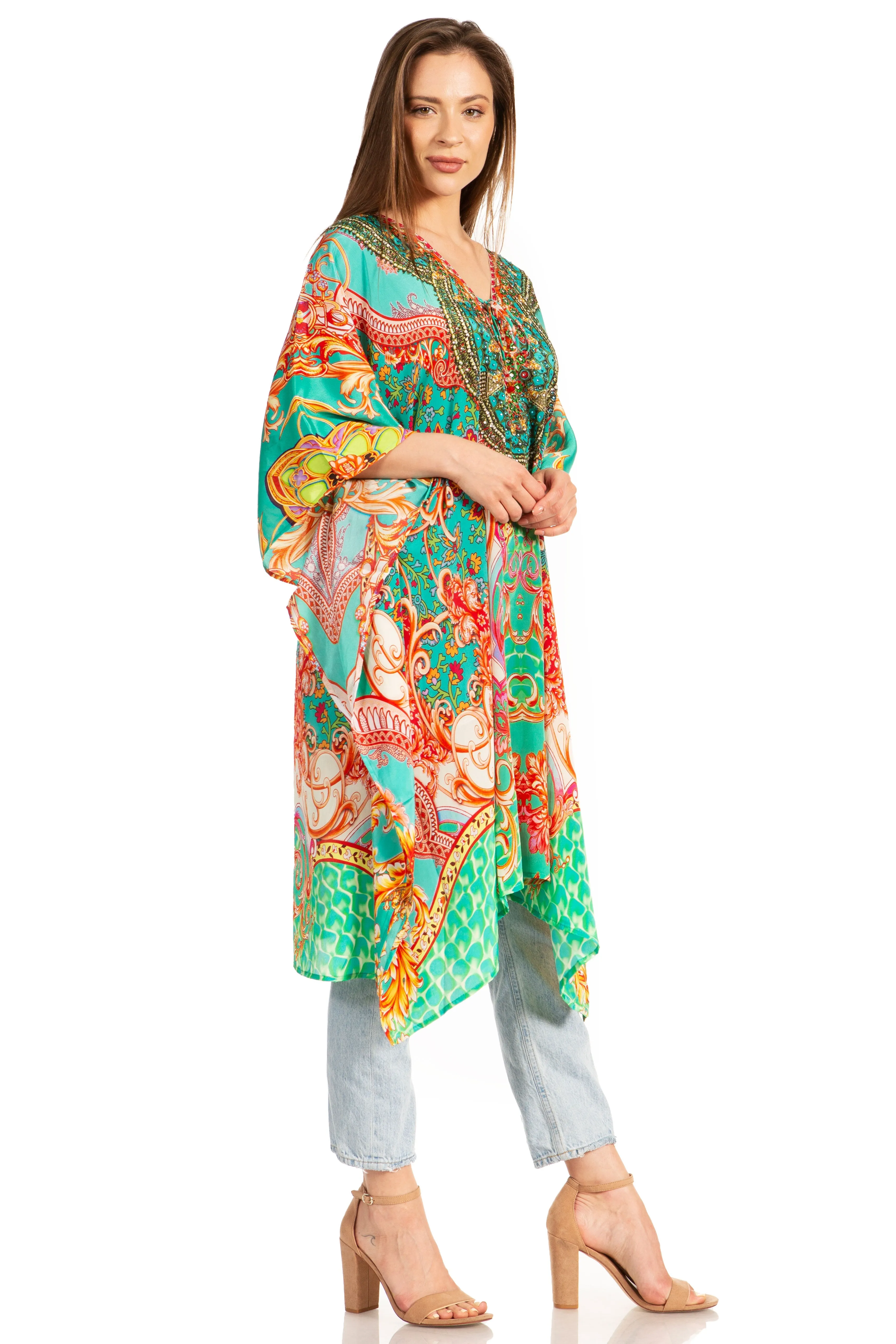 Sakkas Kristy Long Tall Lightweight Caftan Dress / Cover Up With V-Neck Jewels