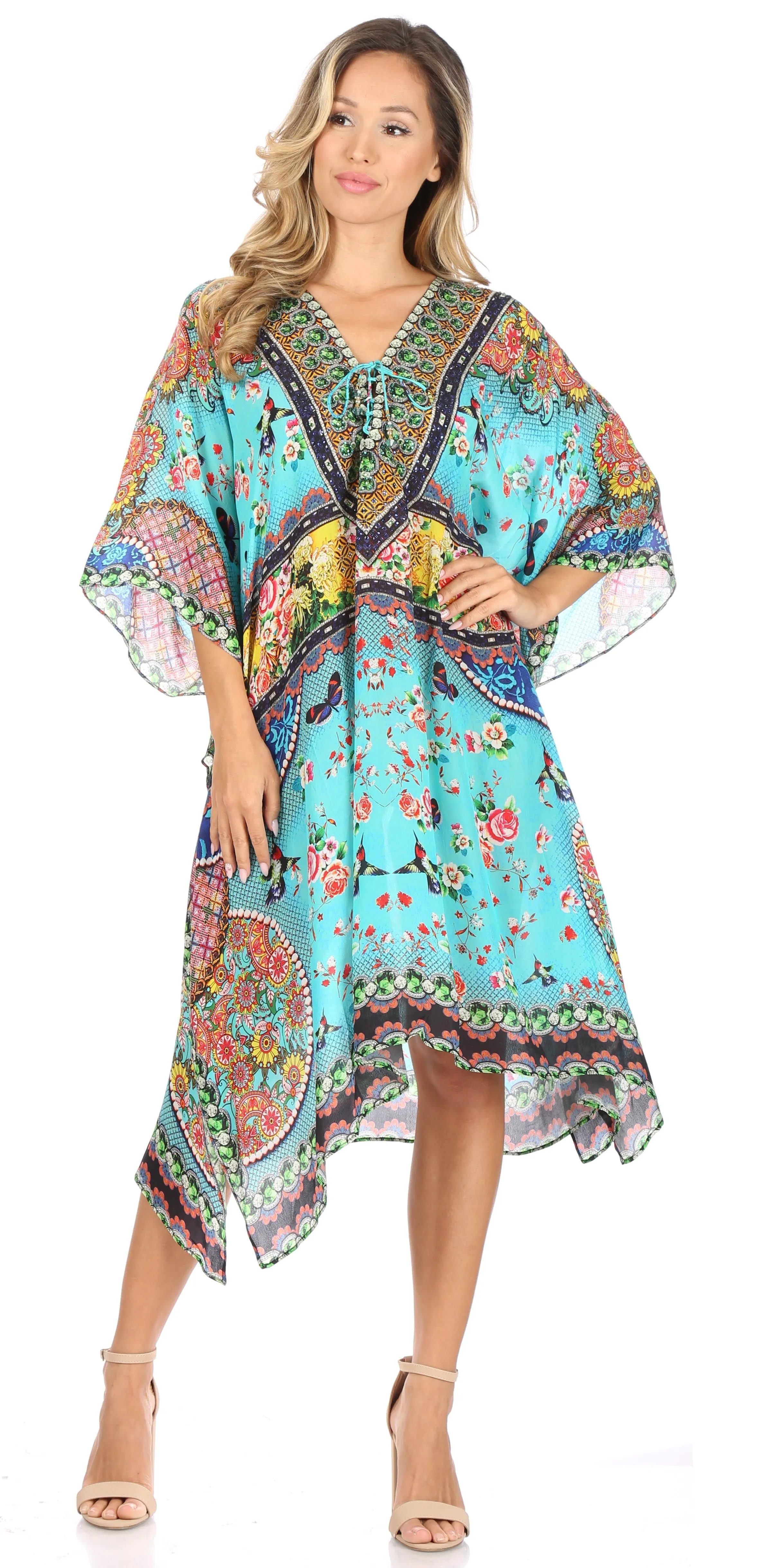 Sakkas Kristy Long Tall Lightweight Caftan Dress / Cover Up With V-Neck Jewels