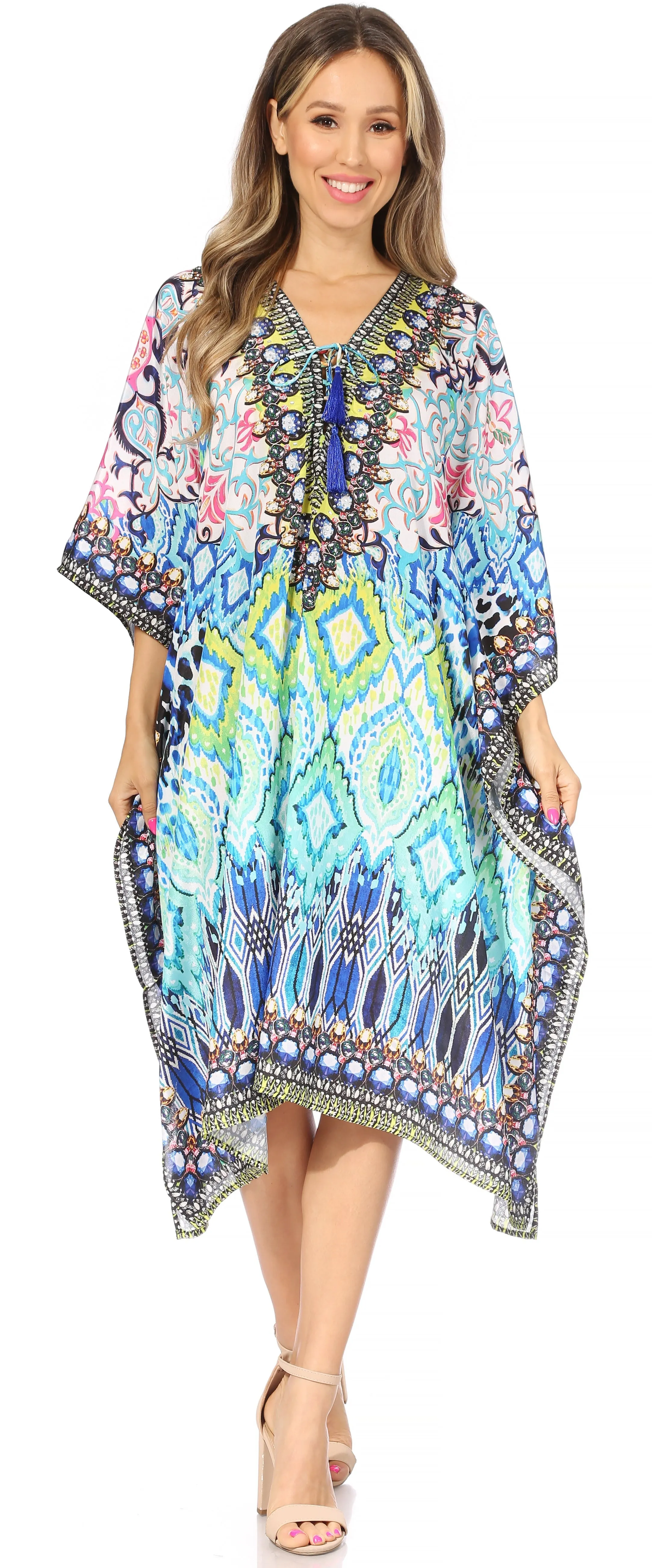 Sakkas Kristy Long Tall Lightweight Caftan Dress / Cover Up With V-Neck Jewels