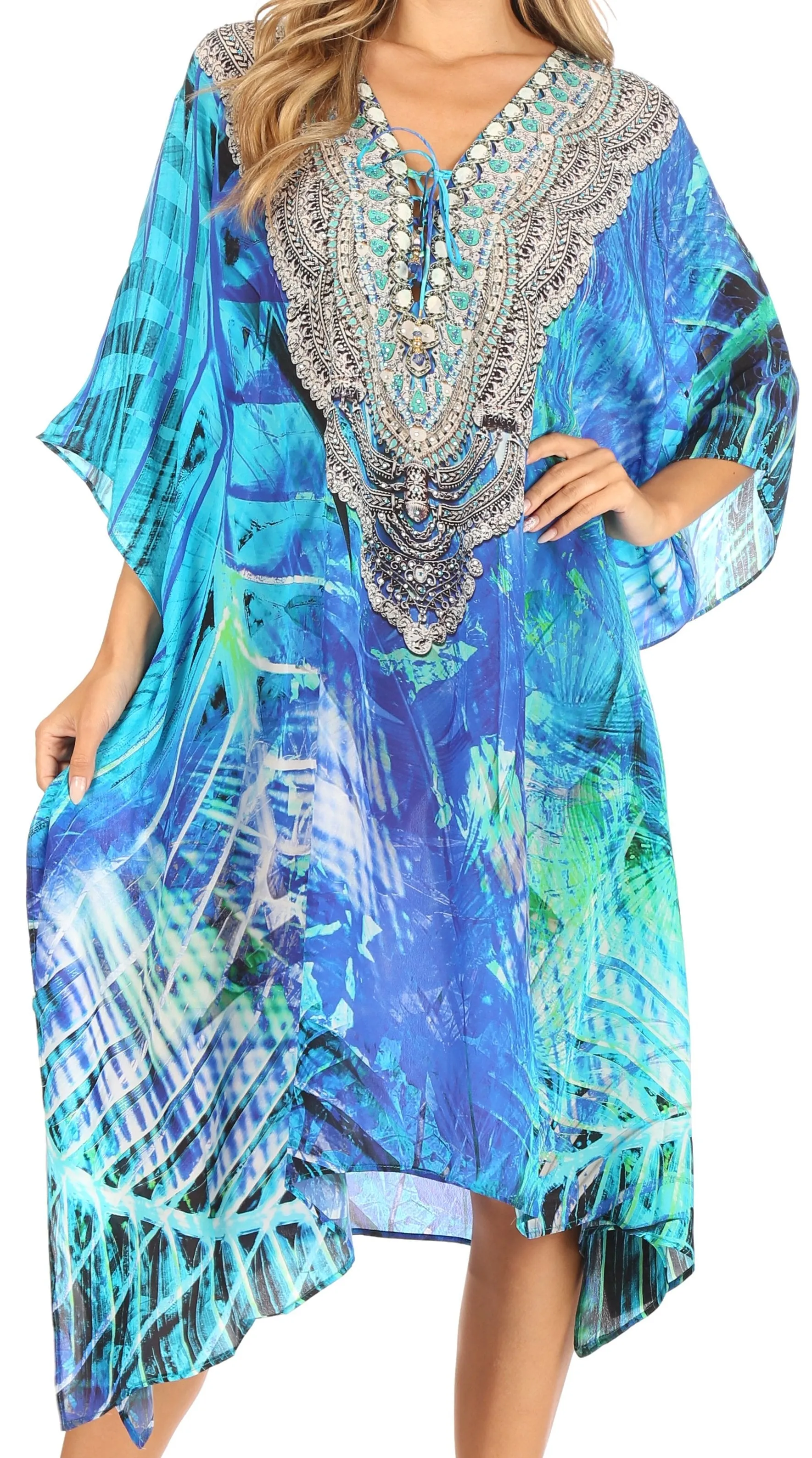 Sakkas Kristy Long Tall Lightweight Caftan Dress / Cover Up With V-Neck Jewels