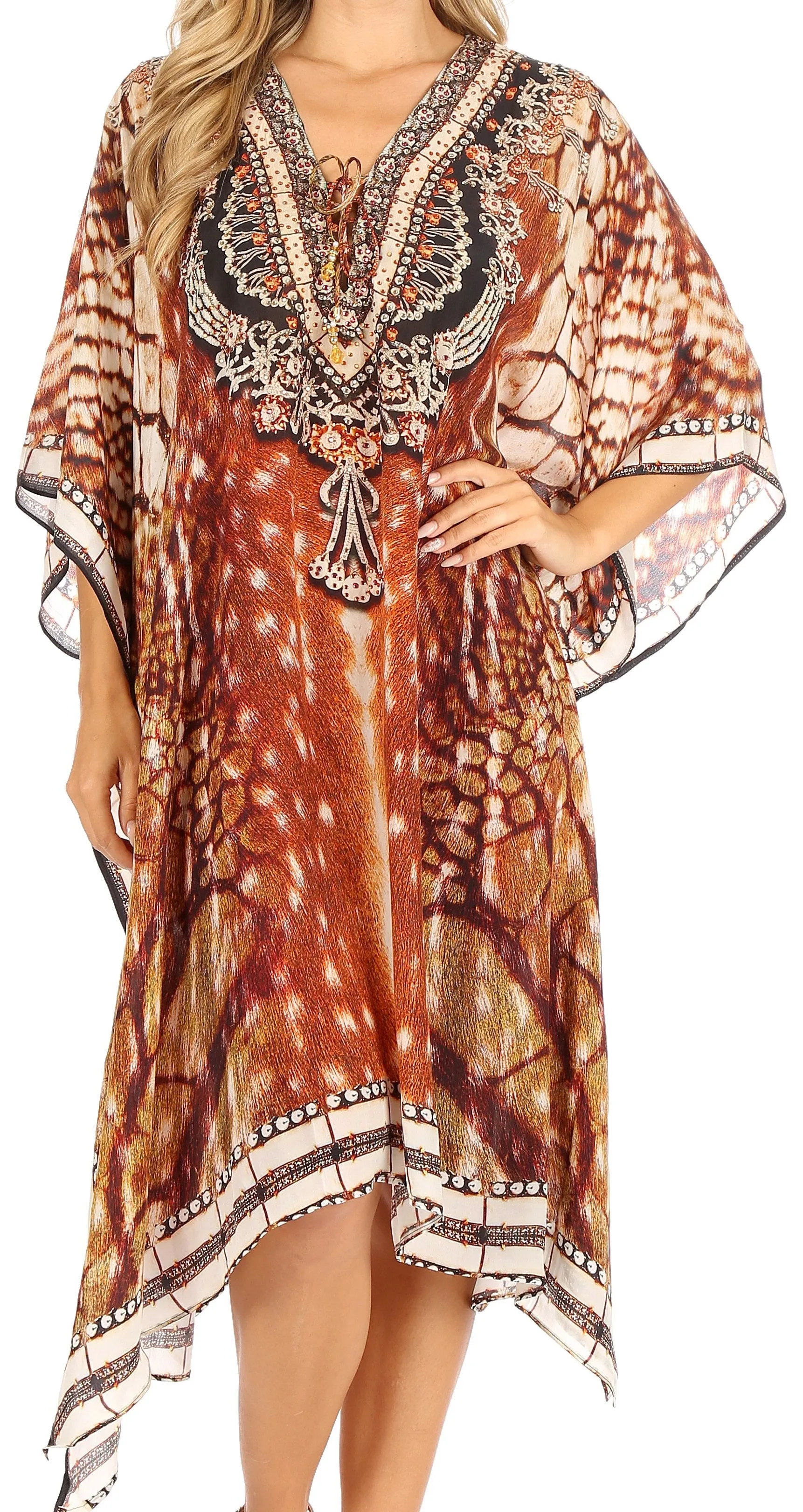 Sakkas Kristy Long Tall Lightweight Caftan Dress / Cover Up With V-Neck Jewels