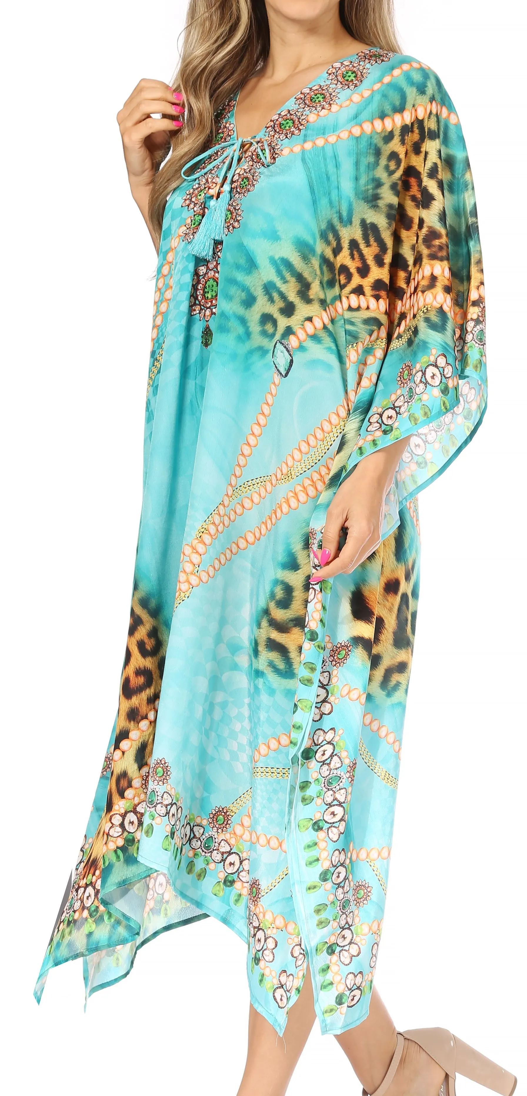 Sakkas Kristy Long Tall Lightweight Caftan Dress / Cover Up With V-Neck Jewels