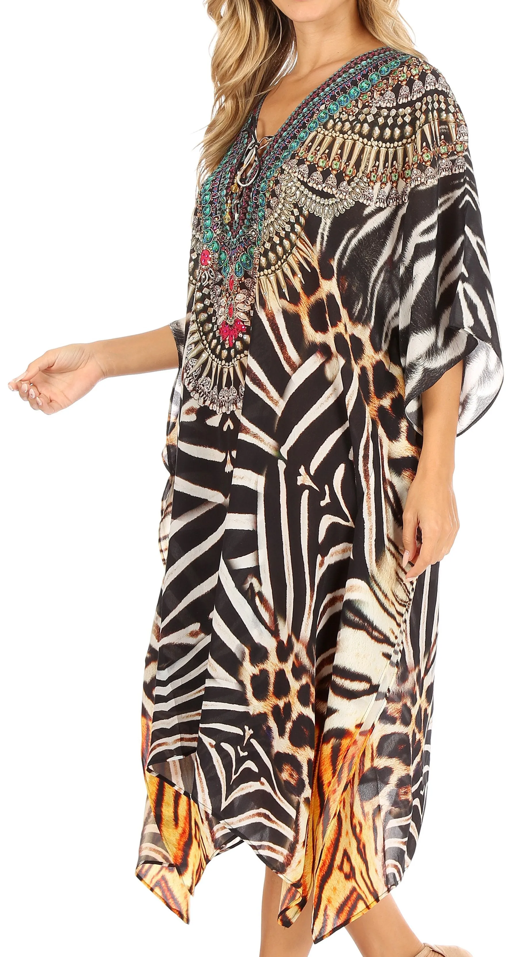 Sakkas Kristy Long Tall Lightweight Caftan Dress / Cover Up With V-Neck Jewels