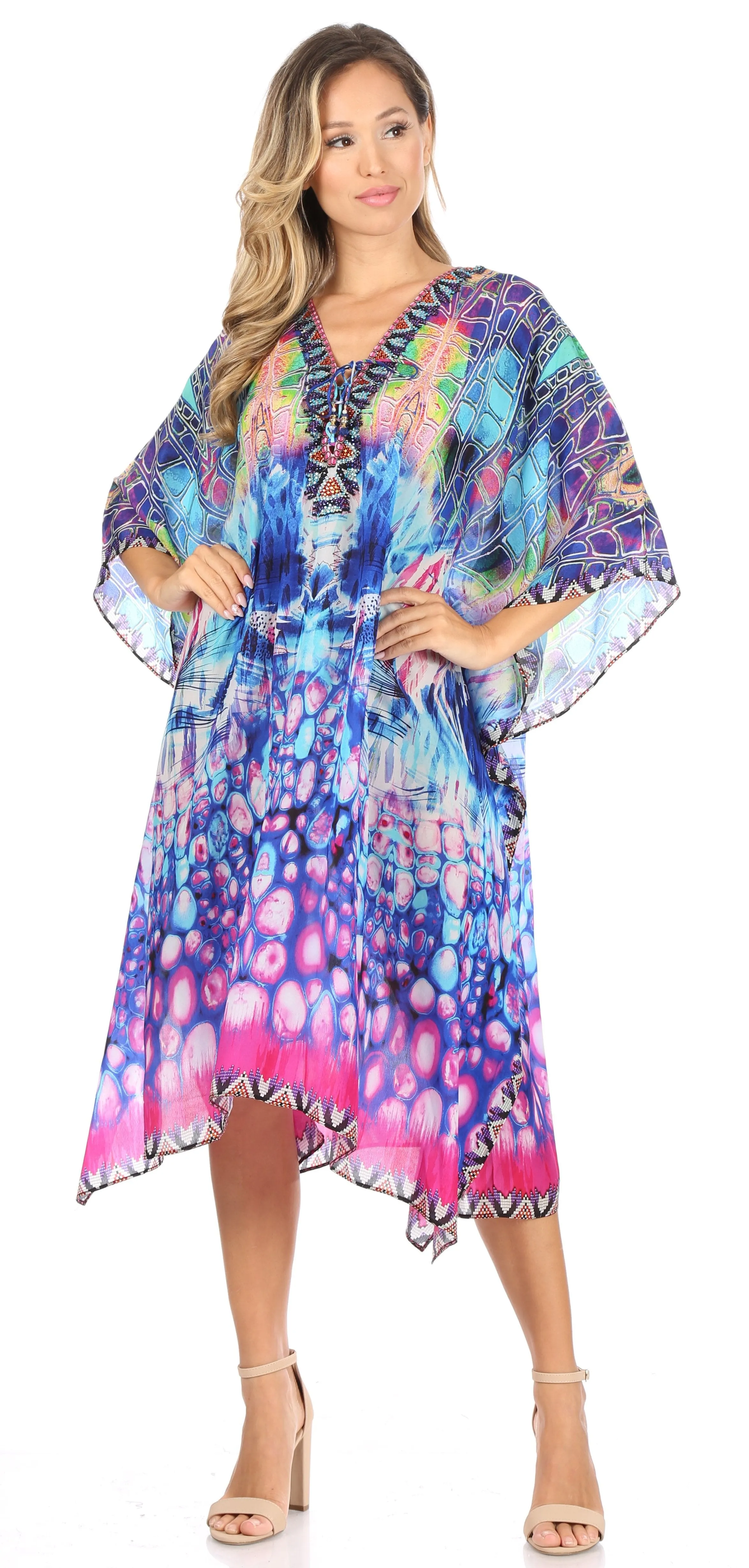 Sakkas Kristy Long Tall Lightweight Caftan Dress / Cover Up With V-Neck Jewels