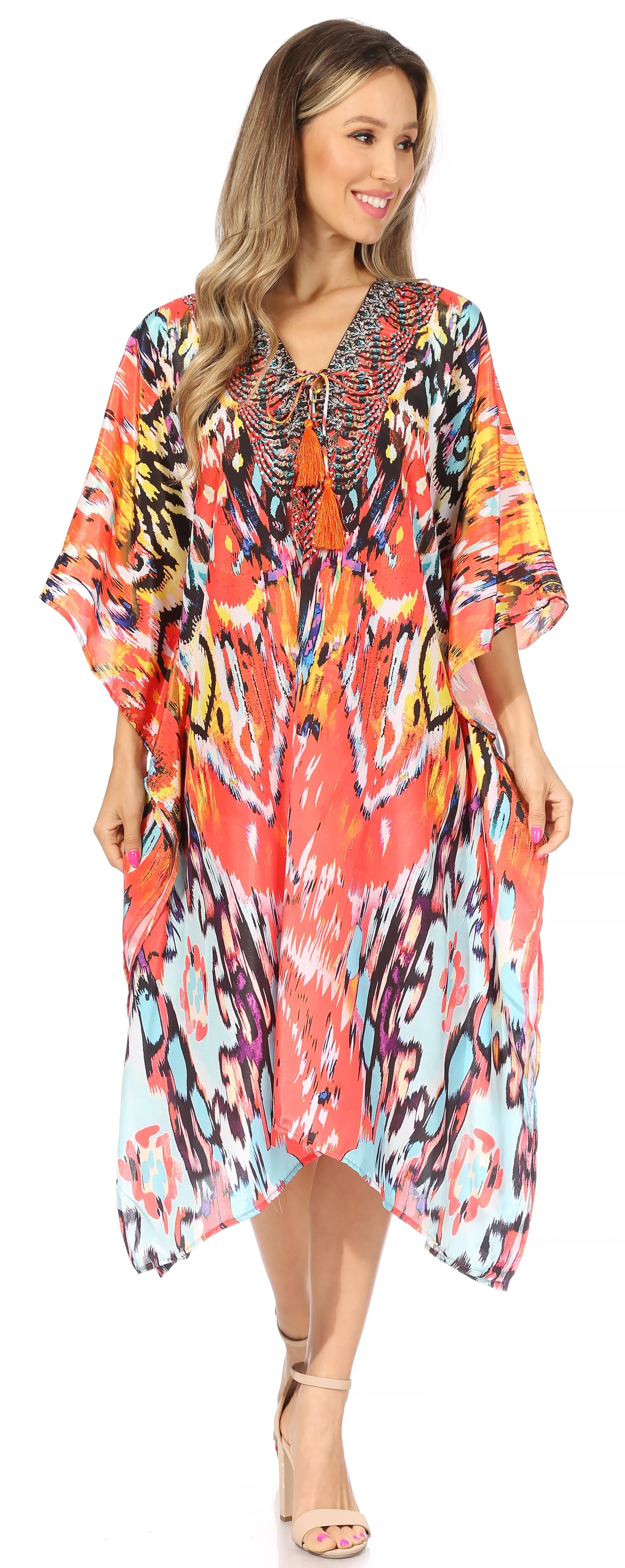 Sakkas Kristy Long Tall Lightweight Caftan Dress / Cover Up With V-Neck Jewels