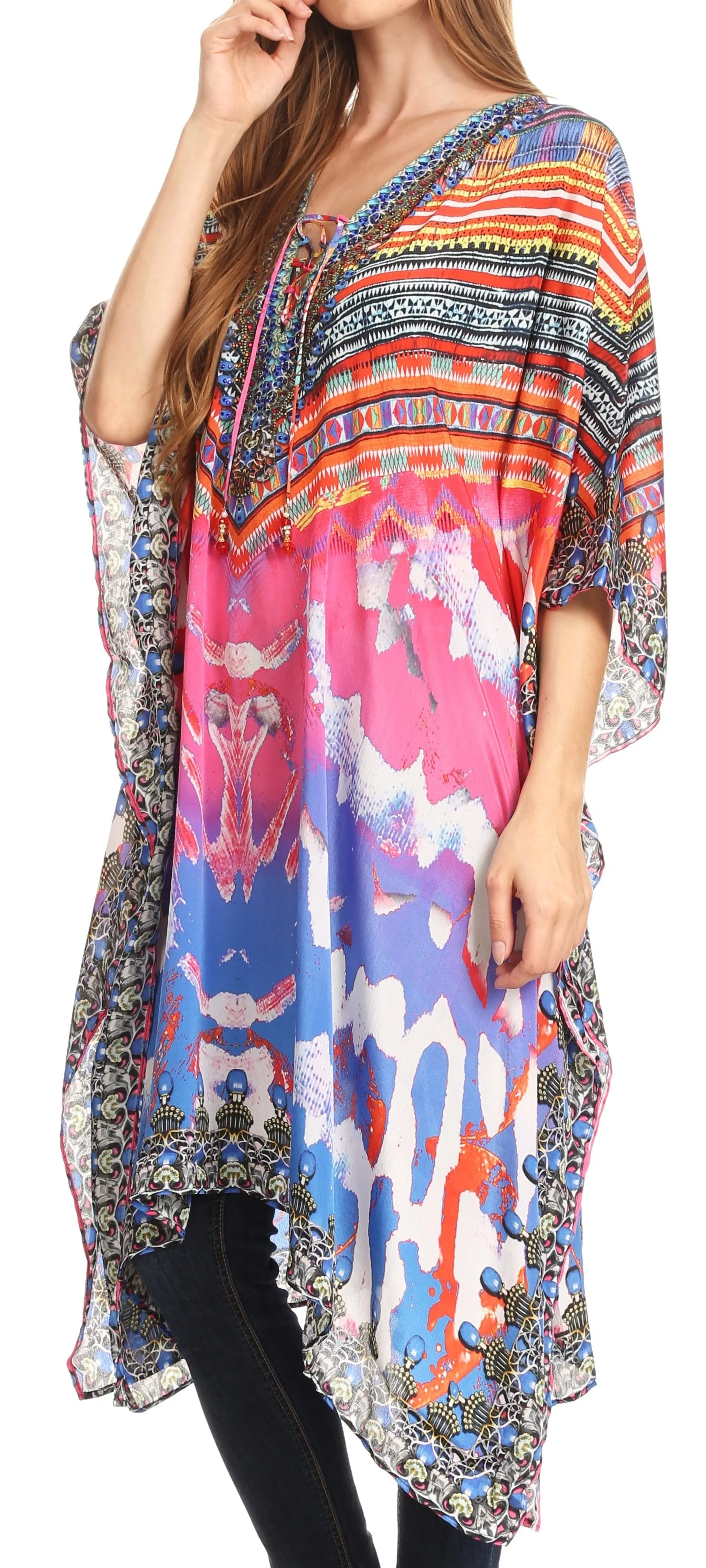 Sakkas Kristy Long Tall Lightweight Caftan Dress / Cover Up With V-Neck Jewels