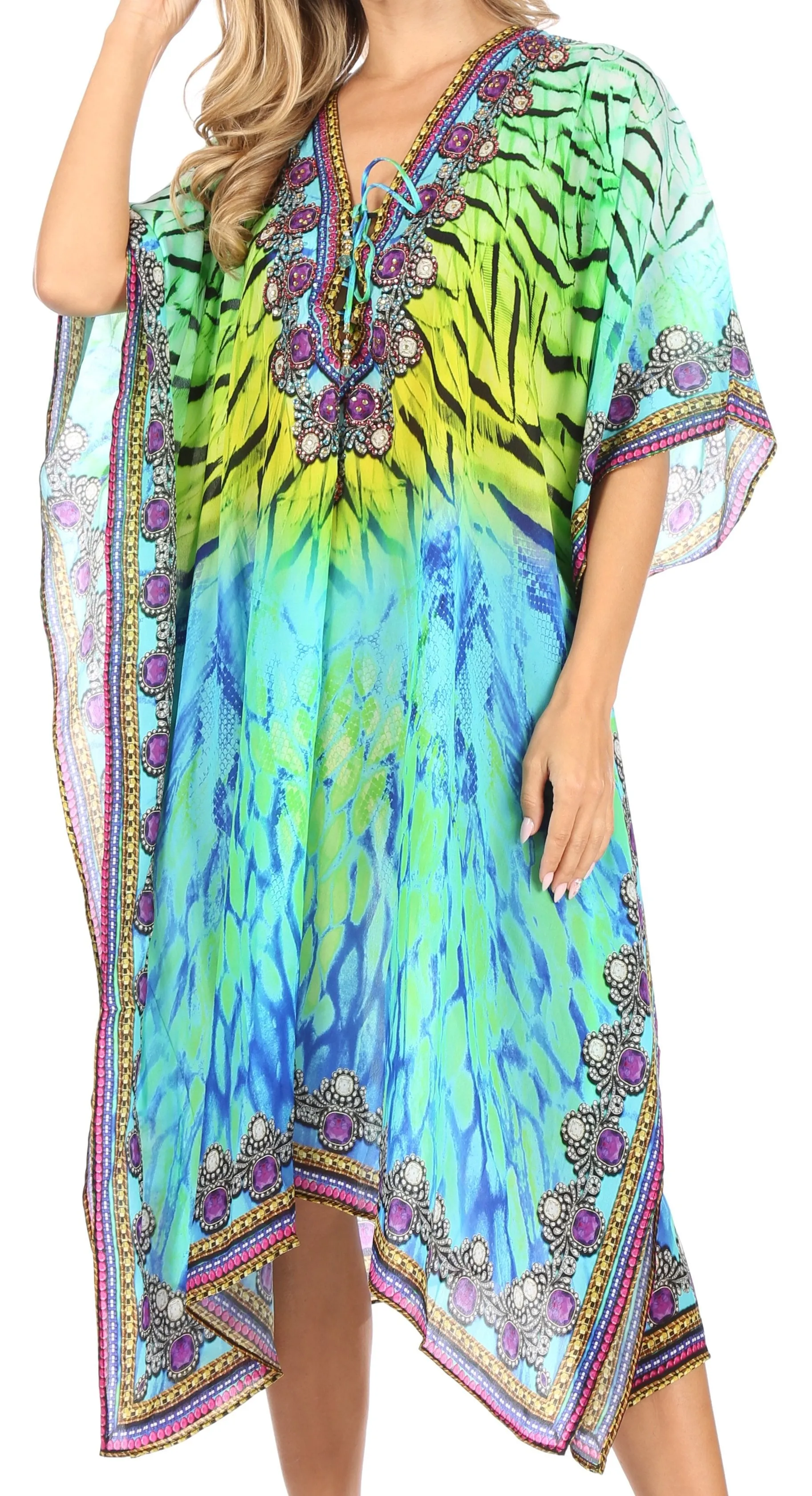 Sakkas Kristy Long Tall Lightweight Caftan Dress / Cover Up With V-Neck Jewels