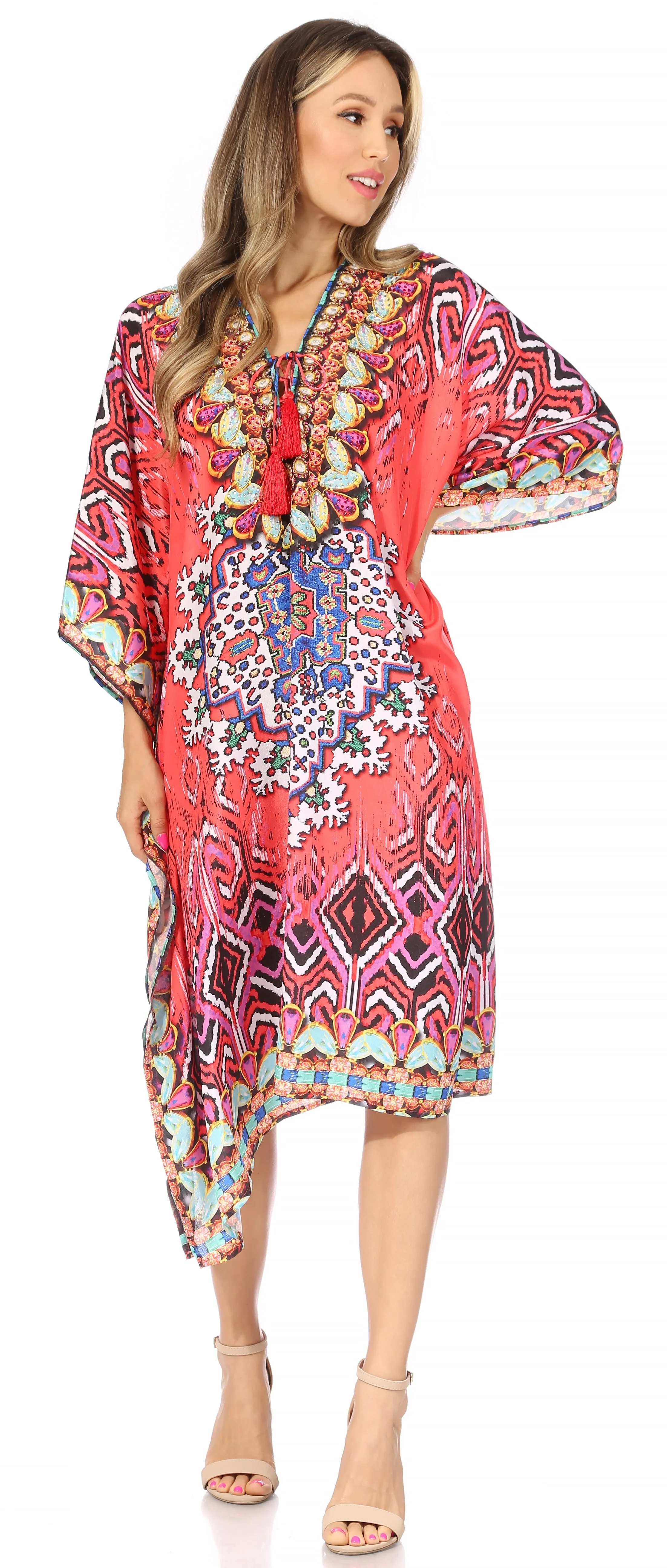 Sakkas Kristy Long Tall Lightweight Caftan Dress / Cover Up With V-Neck Jewels