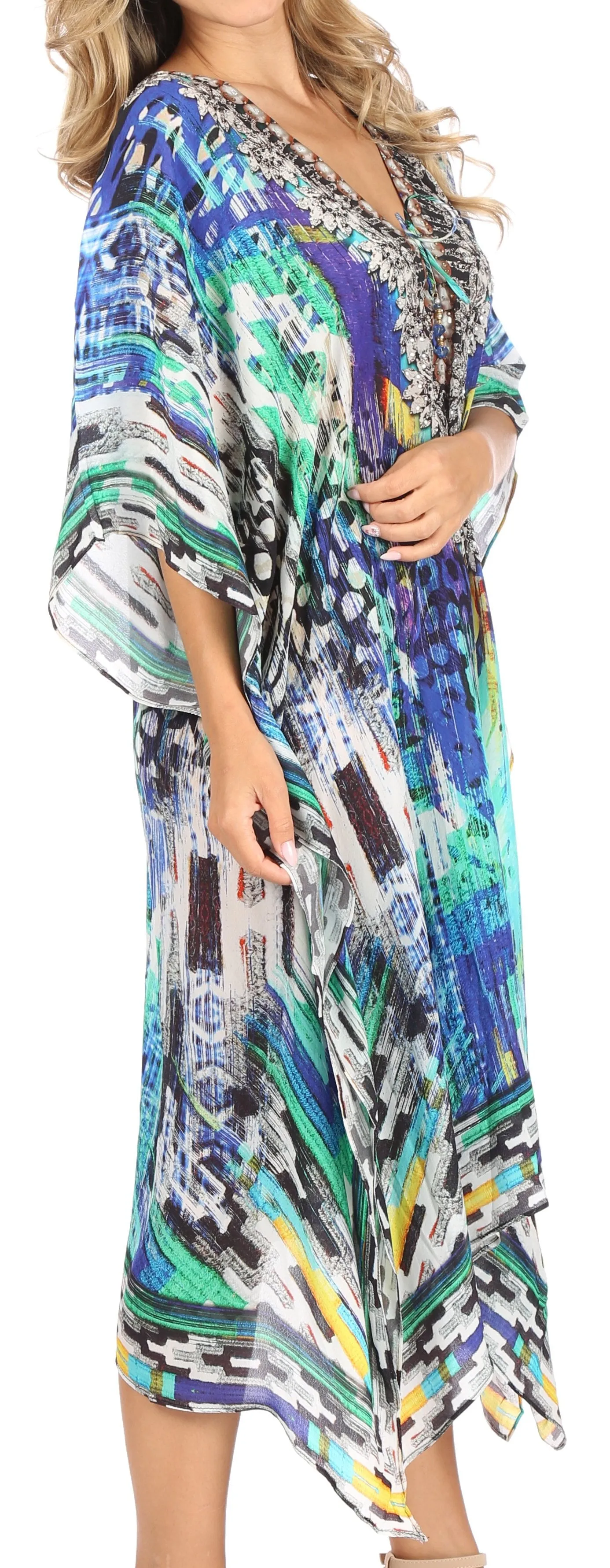 Sakkas Kristy Long Tall Lightweight Caftan Dress / Cover Up With V-Neck Jewels