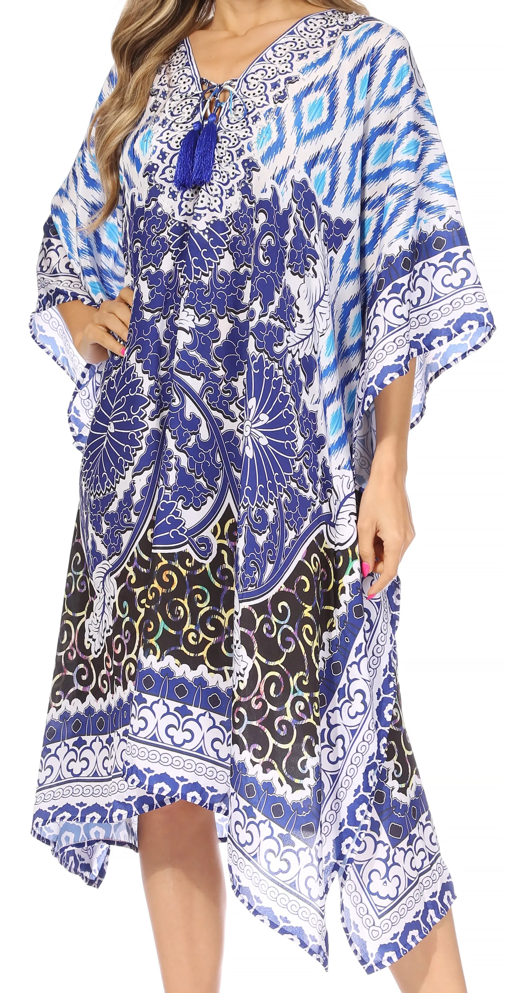 Sakkas Kristy Long Tall Lightweight Caftan Dress / Cover Up With V-Neck Jewels