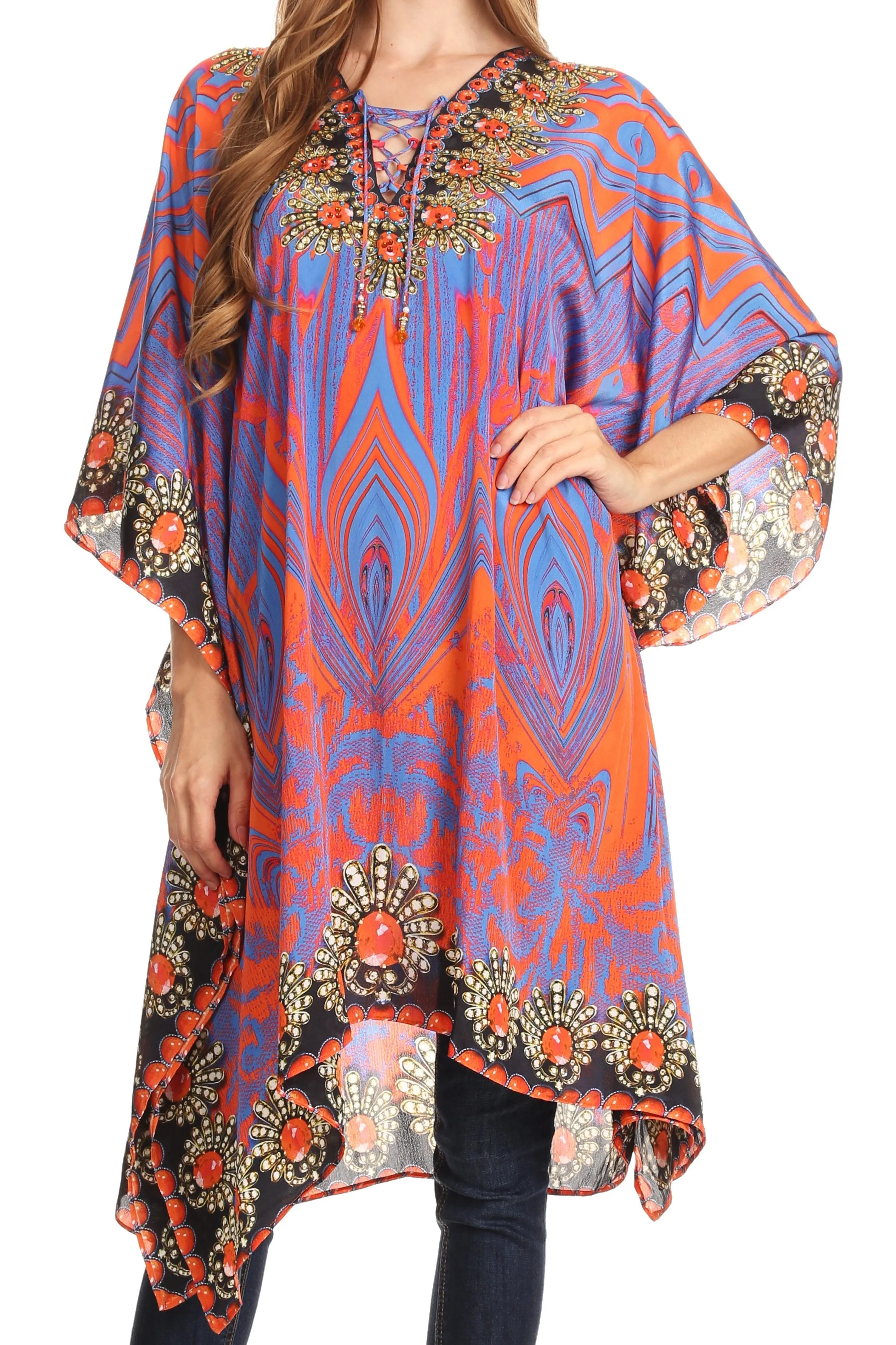 Sakkas Kristy Long Tall Lightweight Caftan Dress / Cover Up With V-Neck Jewels