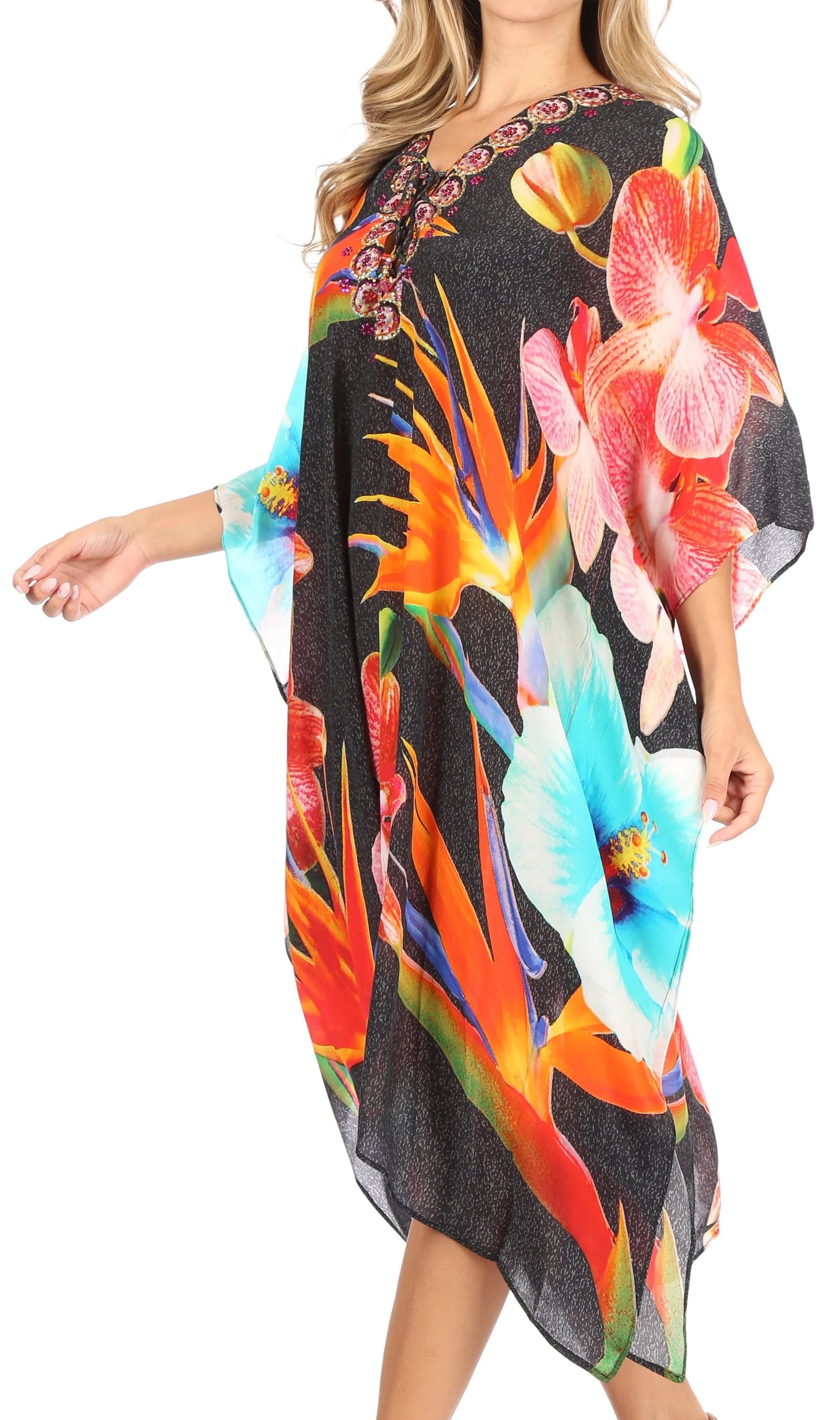 Sakkas Kristy Long Tall Lightweight Caftan Dress / Cover Up With V-Neck Jewels