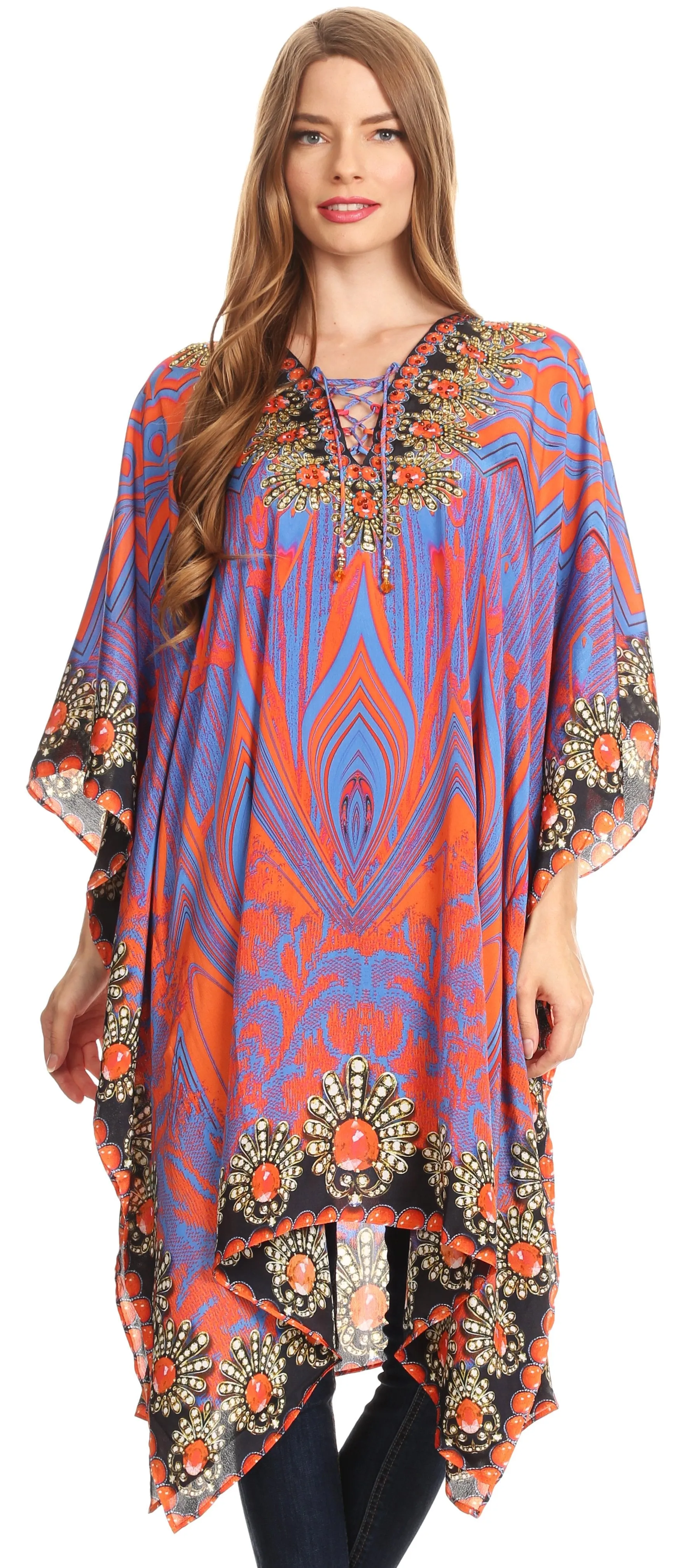 Sakkas Kristy Long Tall Lightweight Caftan Dress / Cover Up With V-Neck Jewels