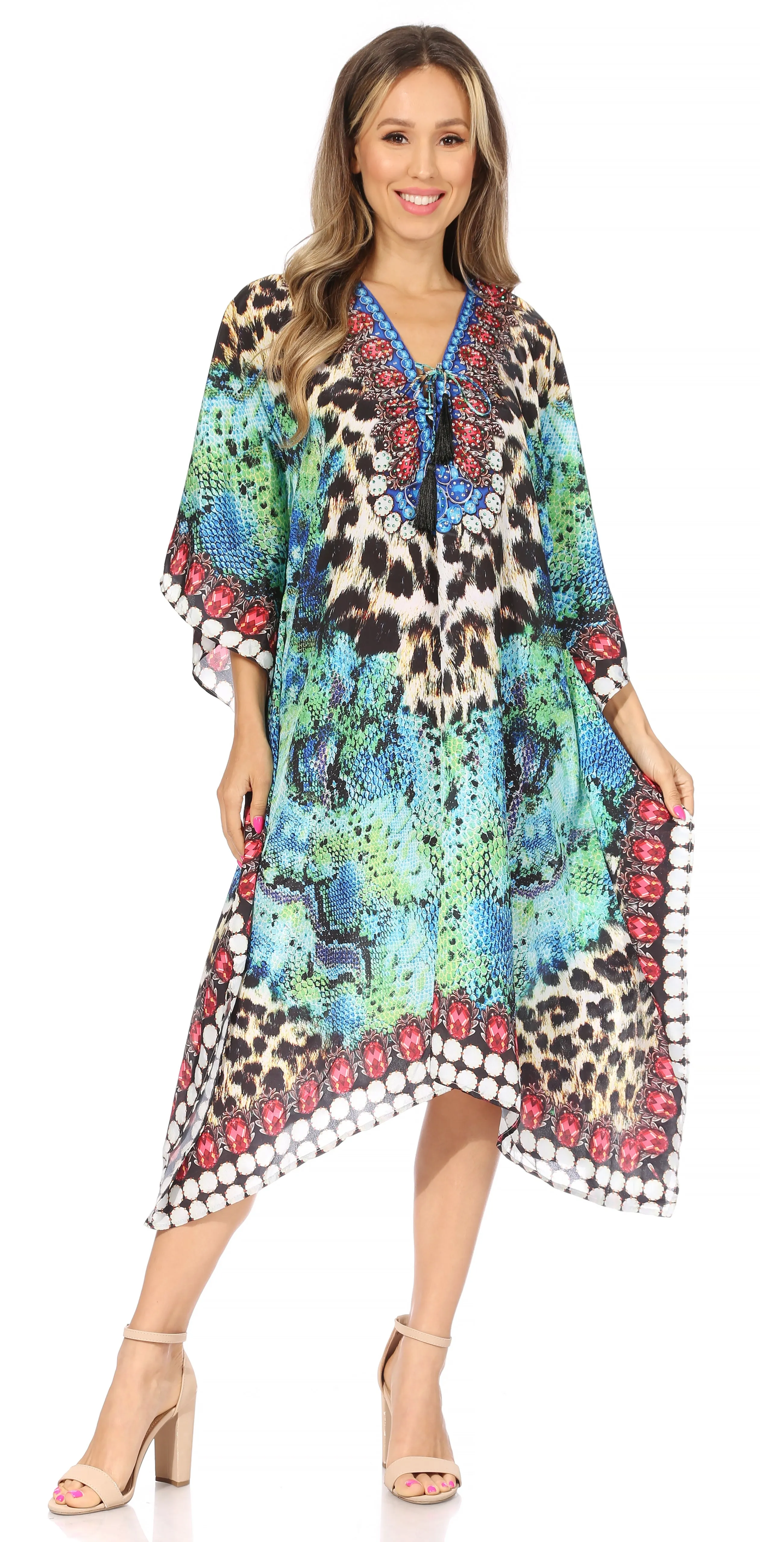 Sakkas Kristy Long Tall Lightweight Caftan Dress / Cover Up With V-Neck Jewels