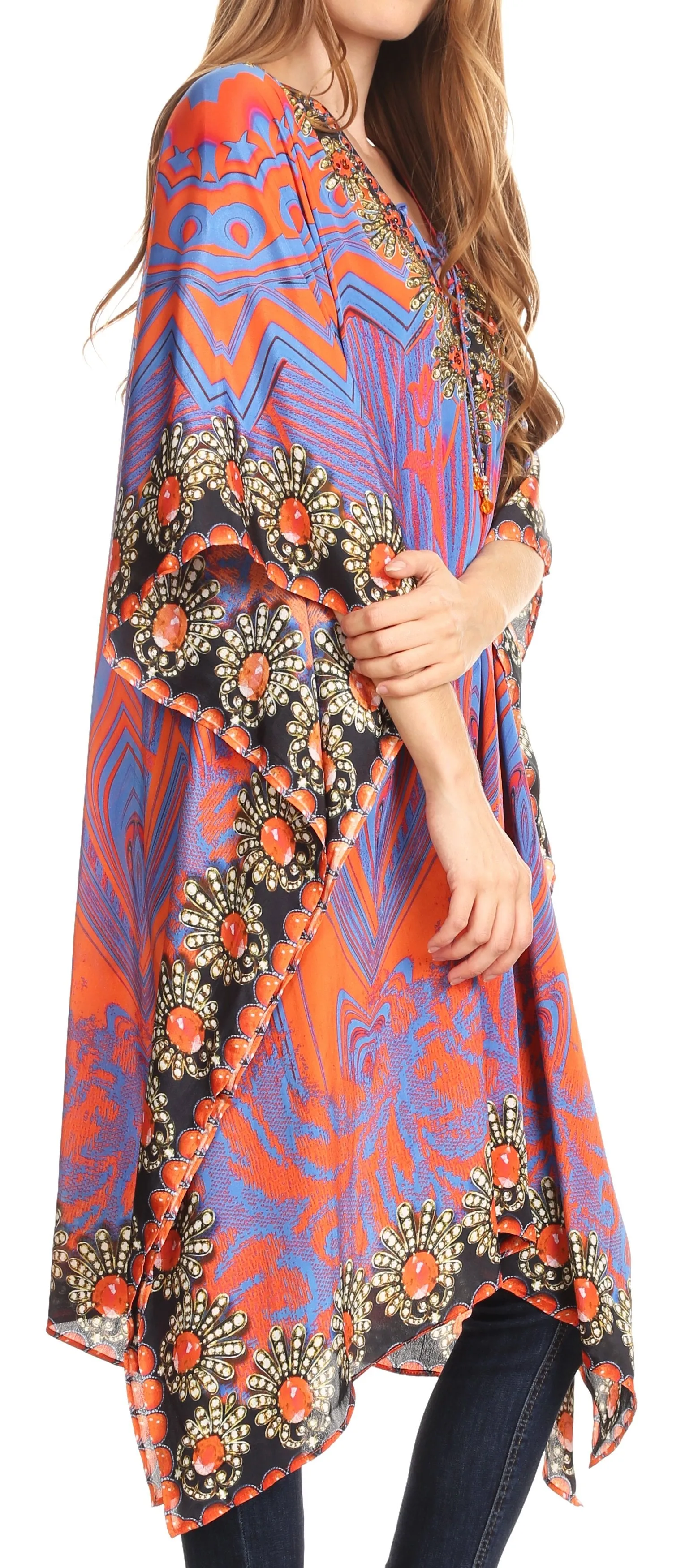 Sakkas Kristy Long Tall Lightweight Caftan Dress / Cover Up With V-Neck Jewels