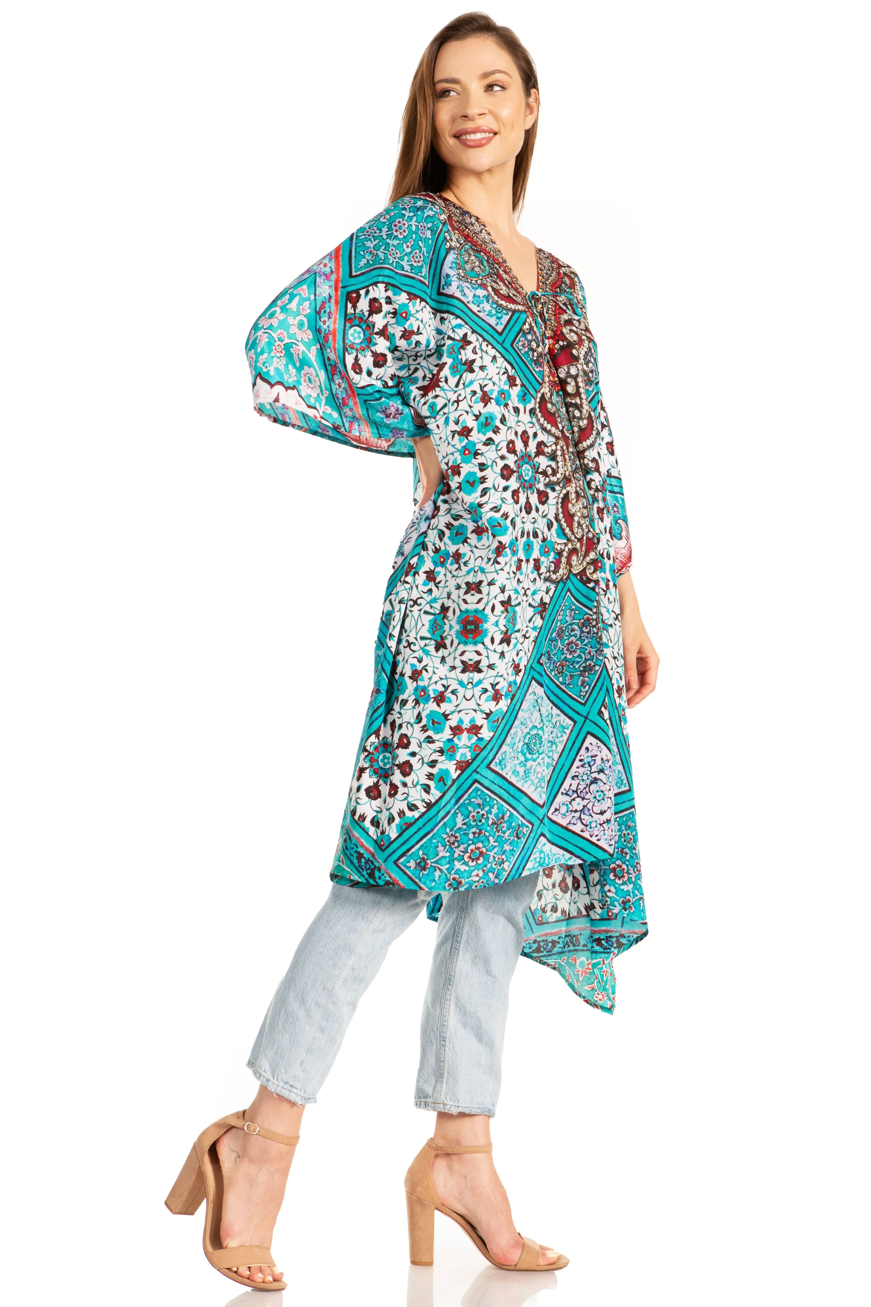 Sakkas Kristy Long Tall Lightweight Caftan Dress / Cover Up With V-Neck Jewels