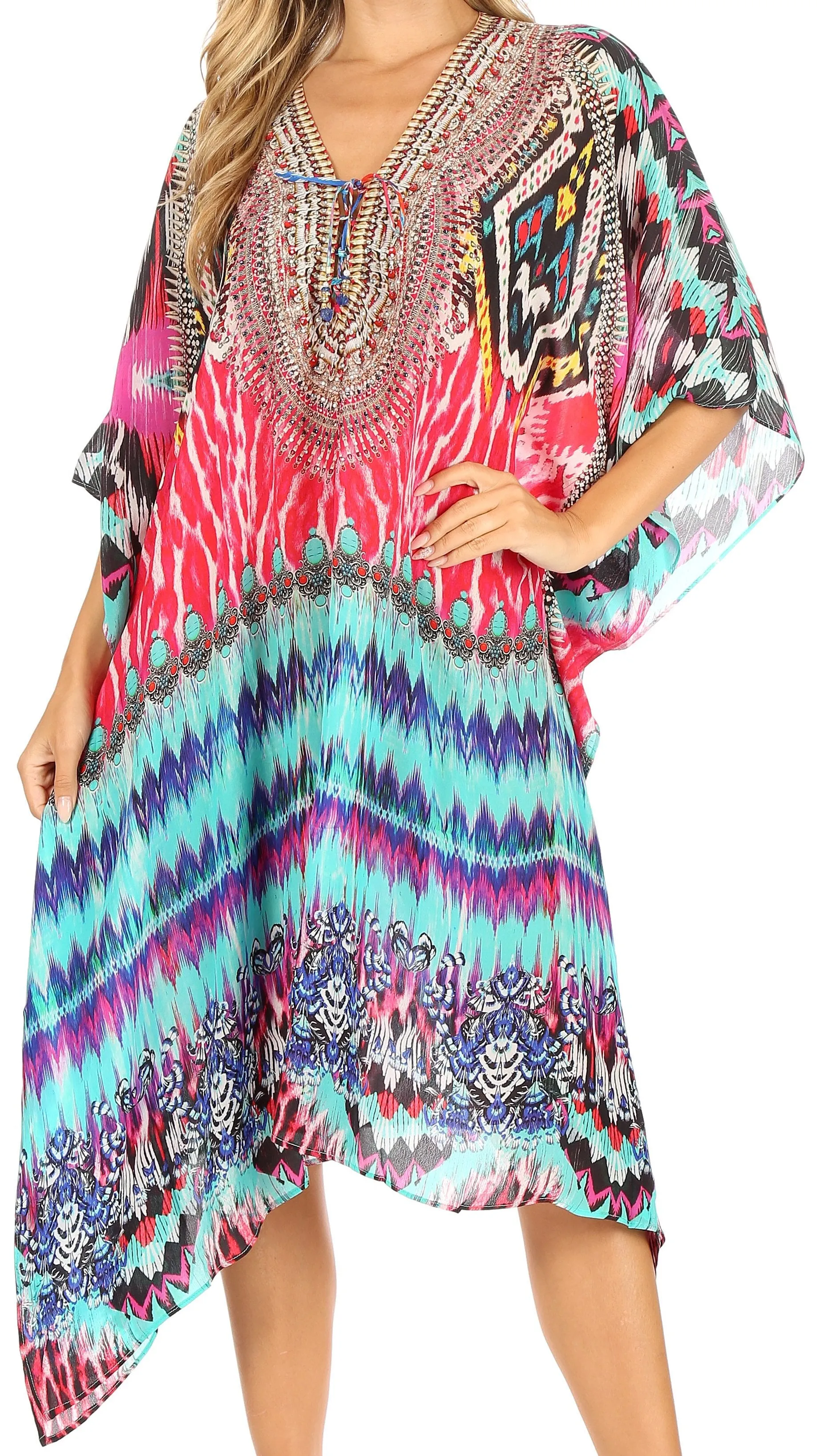 Sakkas Kristy Long Tall Lightweight Caftan Dress / Cover Up With V-Neck Jewels