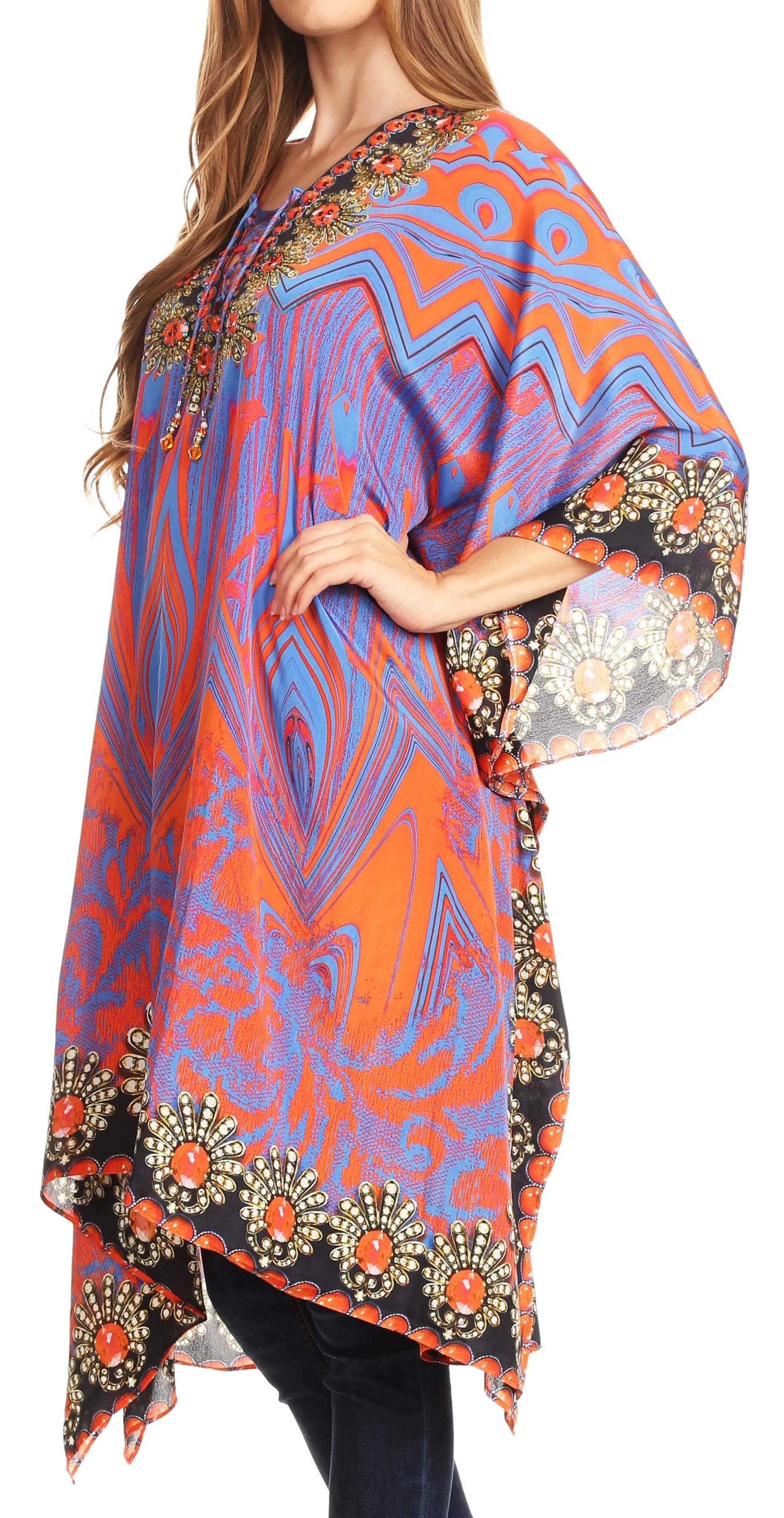 Sakkas Kristy Long Tall Lightweight Caftan Dress / Cover Up With V-Neck Jewels