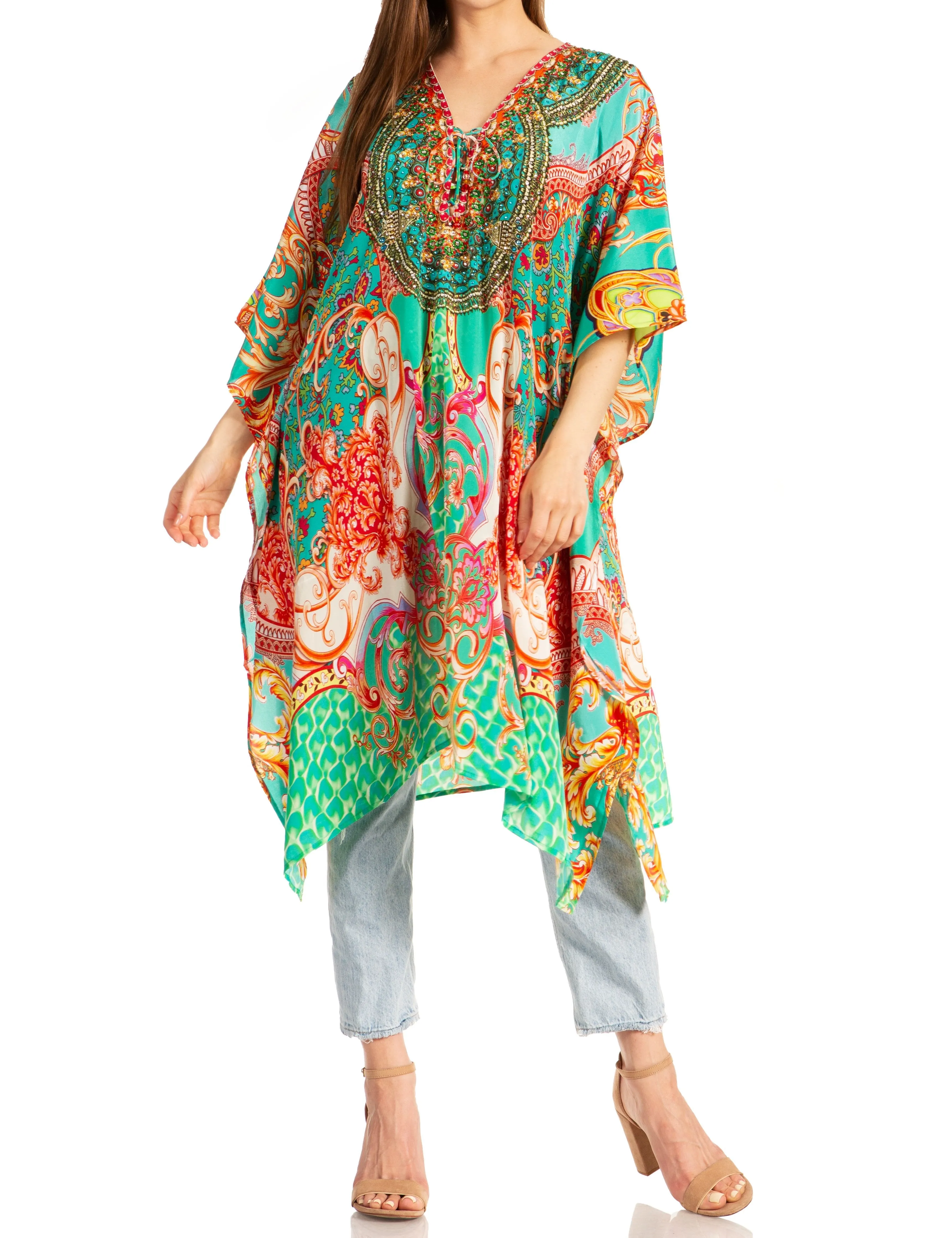 Sakkas Kristy Long Tall Lightweight Caftan Dress / Cover Up With V-Neck Jewels