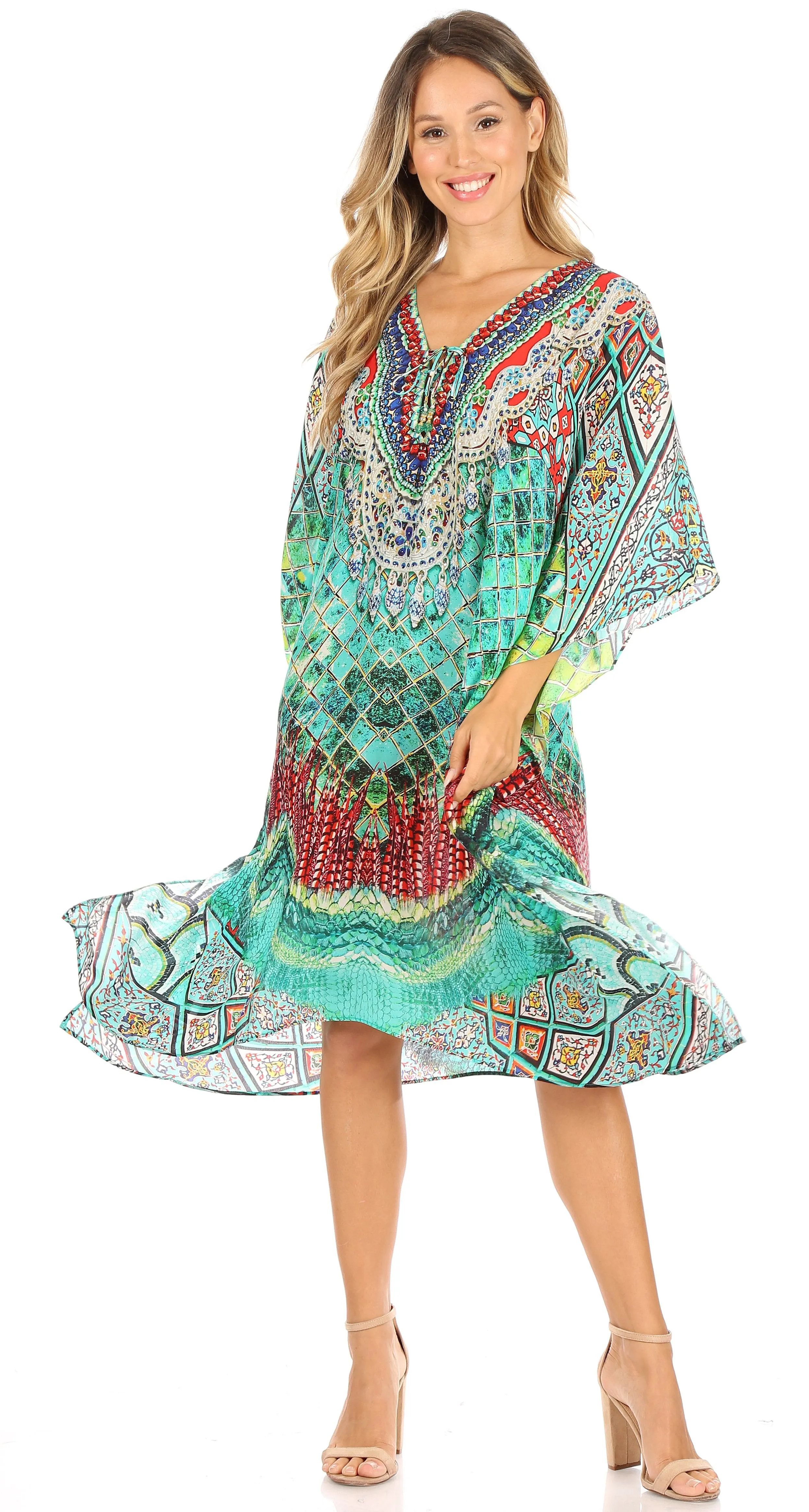 Sakkas Kristy Long Tall Lightweight Caftan Dress / Cover Up With V-Neck Jewels