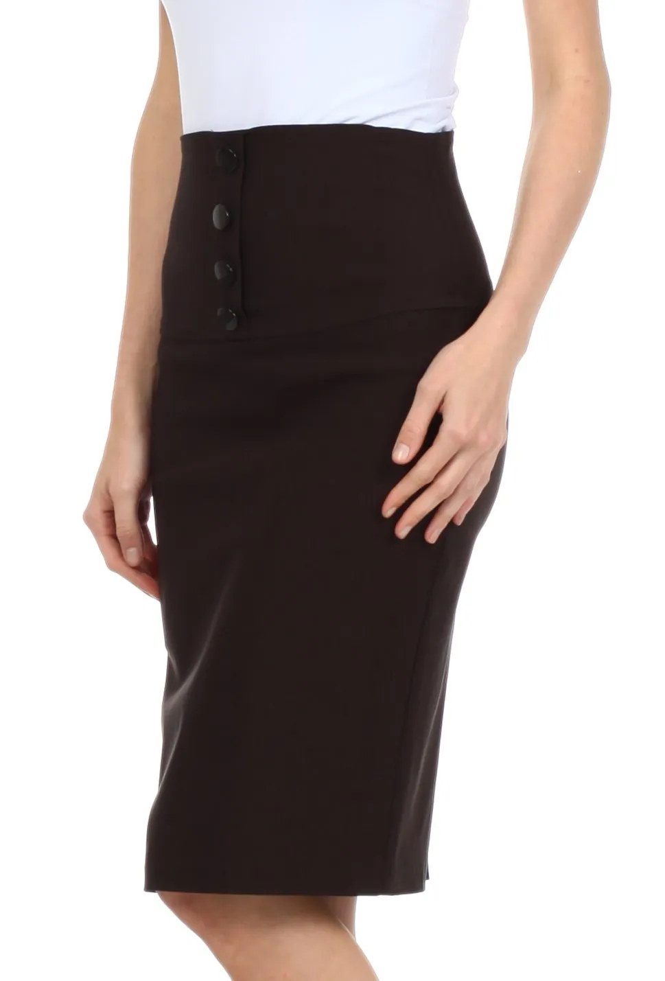 Sakkas Petite High Waist Stretch Pencil Skirt with Four Button Detail