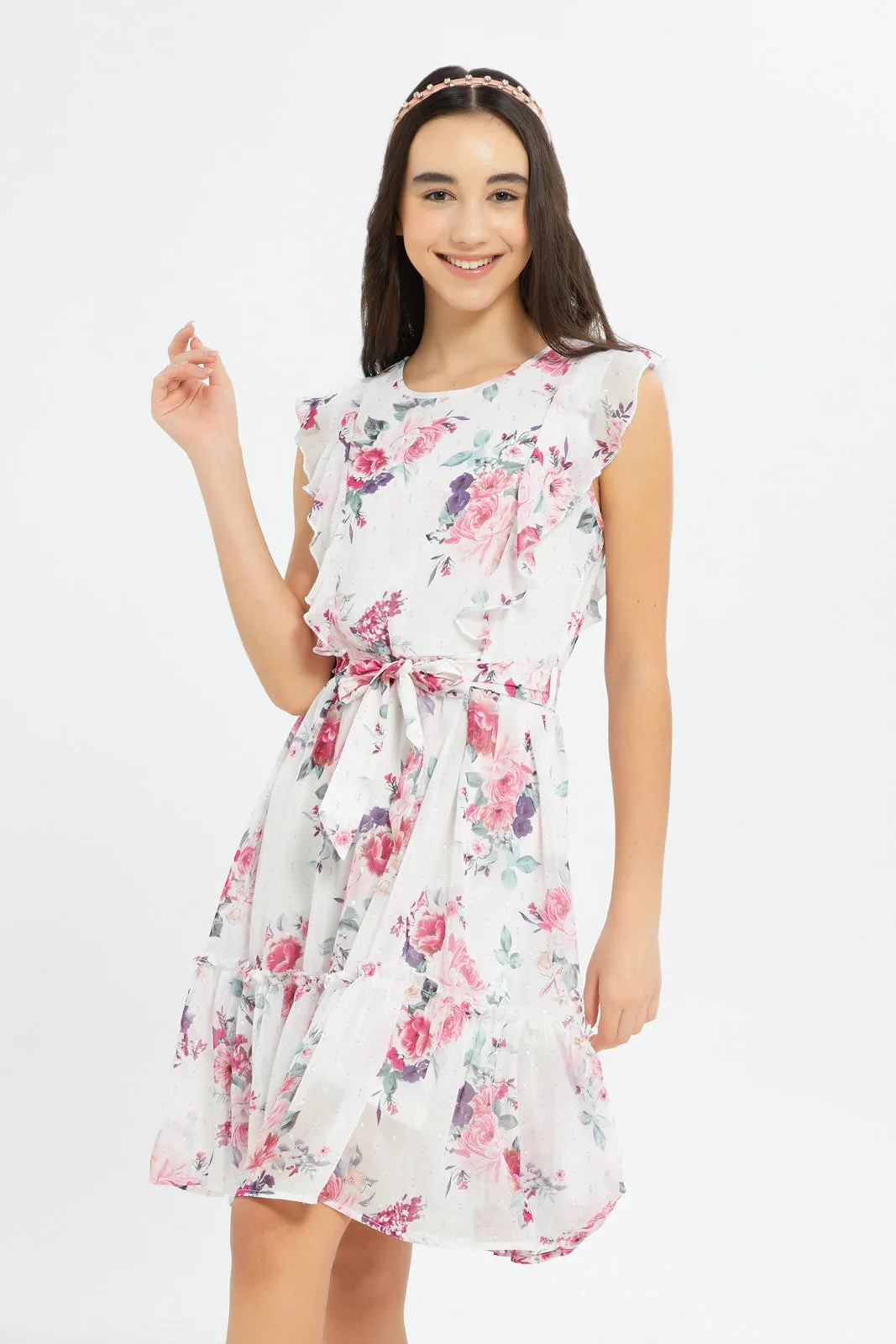 Senior Girls White Floral Lurex Dress