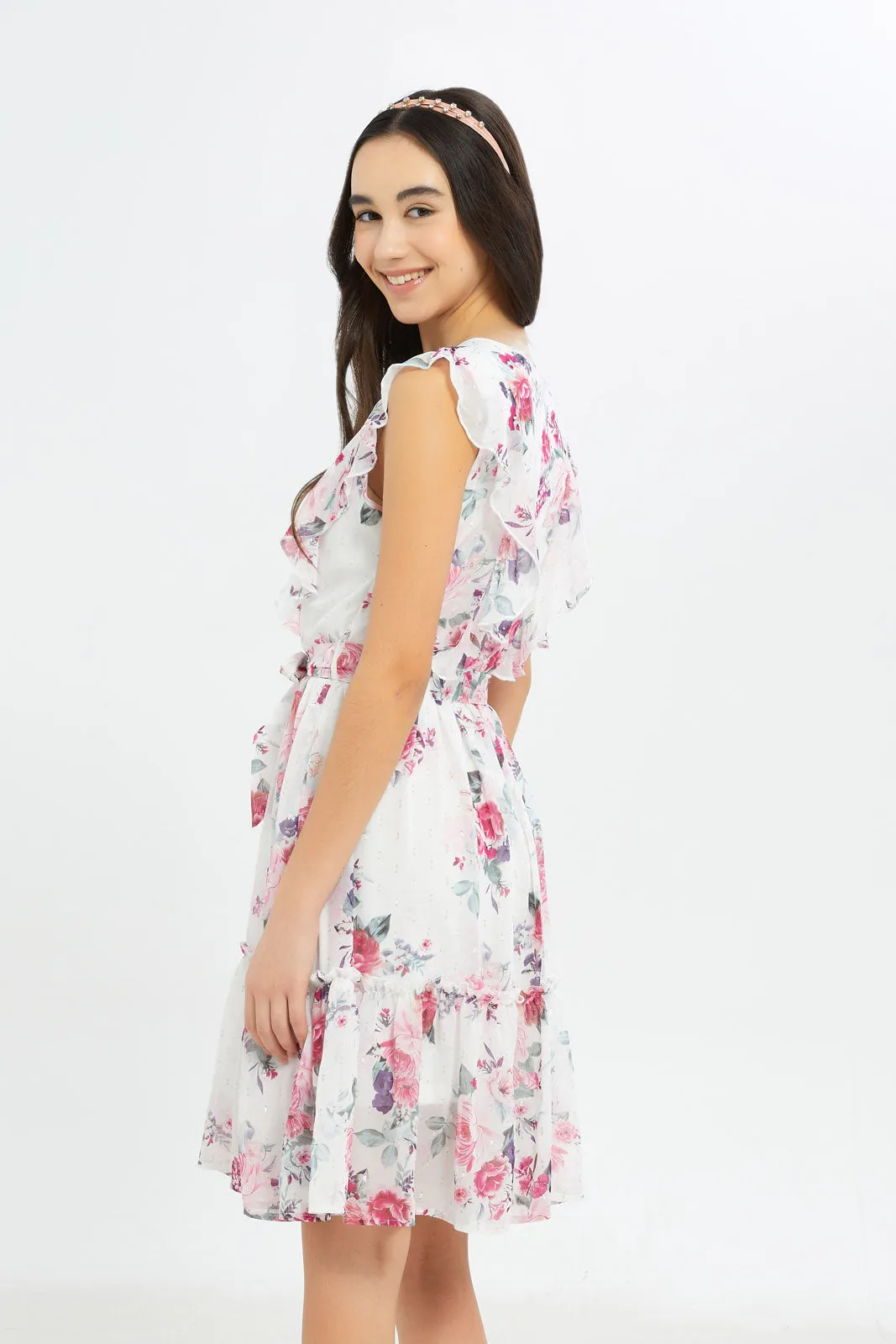 Senior Girls White Floral Lurex Dress