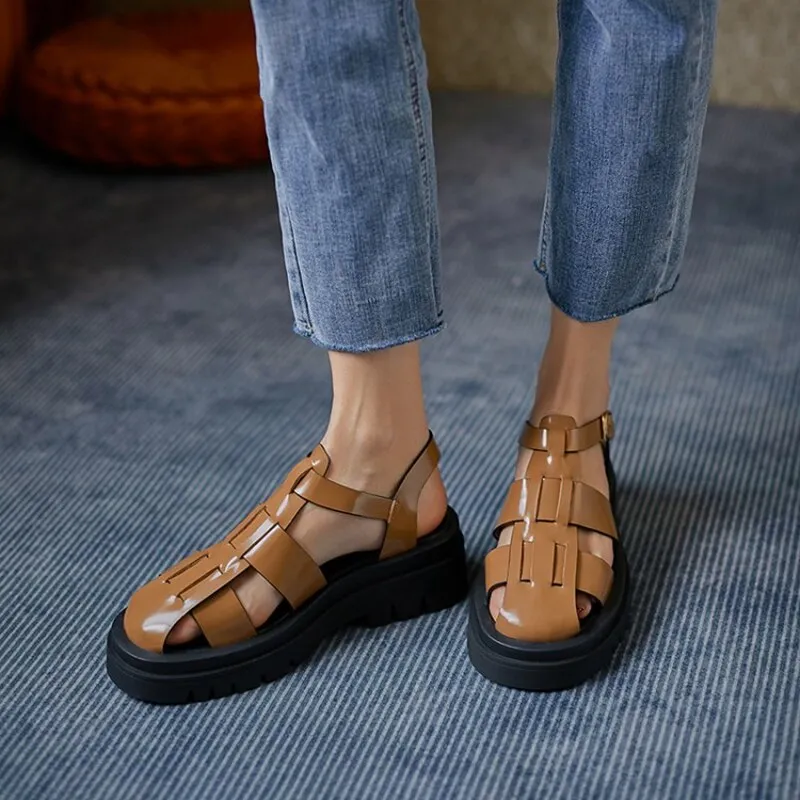 Toleet New Summer Women Shoes Round Toe Square Heel Tape Weaving Women Sandals Leather Platform Sandals Flat Plus Size Shoes