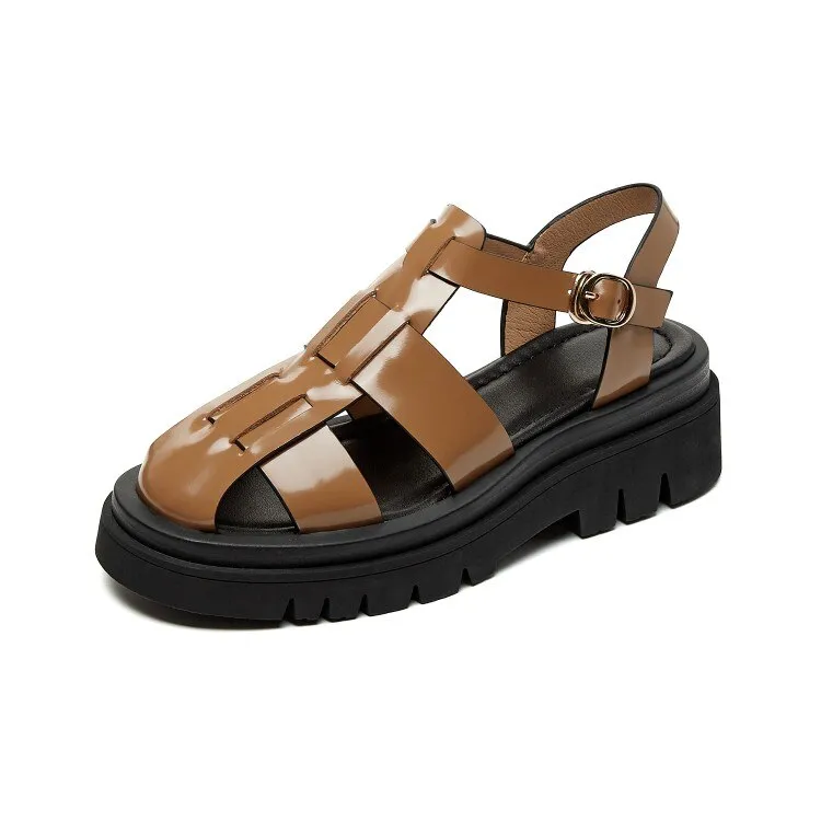 Toleet New Summer Women Shoes Round Toe Square Heel Tape Weaving Women Sandals Leather Platform Sandals Flat Plus Size Shoes