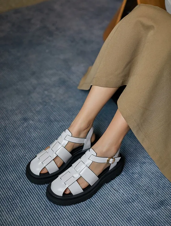 Toleet New Summer Women Shoes Round Toe Square Heel Tape Weaving Women Sandals Leather Platform Sandals Flat Plus Size Shoes