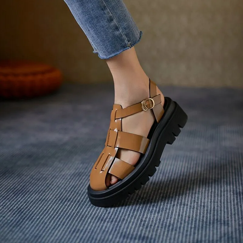 Toleet New Summer Women Shoes Round Toe Square Heel Tape Weaving Women Sandals Leather Platform Sandals Flat Plus Size Shoes