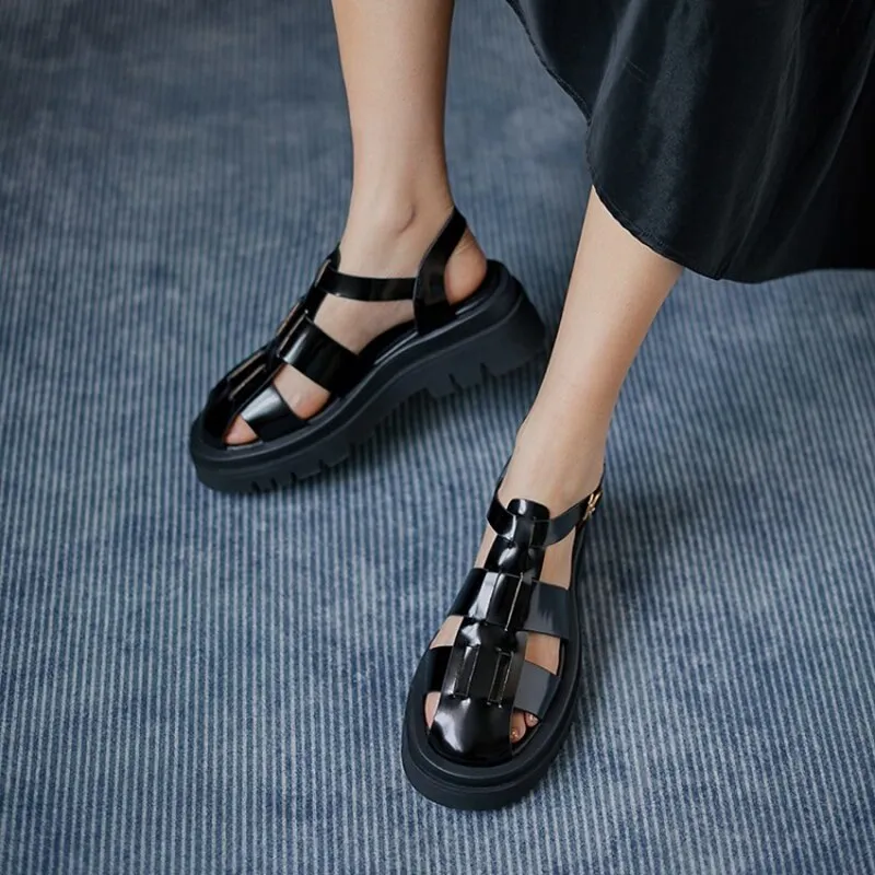 Toleet New Summer Women Shoes Round Toe Square Heel Tape Weaving Women Sandals Leather Platform Sandals Flat Plus Size Shoes