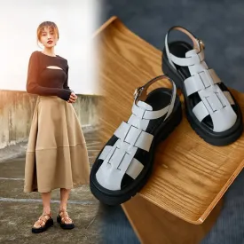 Toleet New Summer Women Shoes Round Toe Square Heel Tape Weaving Women Sandals Leather Platform Sandals Flat Plus Size Shoes