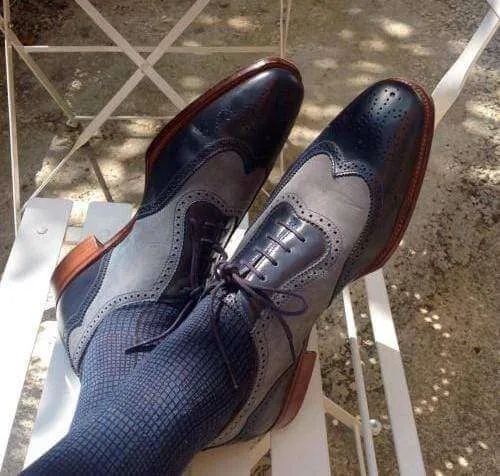 Two tone Navy blue Gray dress leather brogue shoes