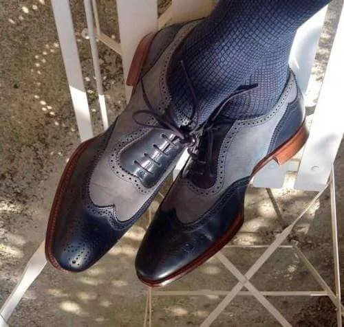 Two tone Navy blue Gray dress leather brogue shoes