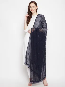 Women Navy Blue Embellished Chiffon Dupatta