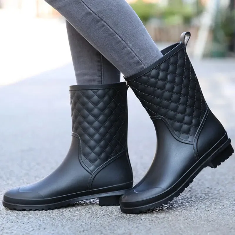 Women New Rainboots Plaid Casual Boots Fashion  Mid-Calf Rain Boots - WRB50151