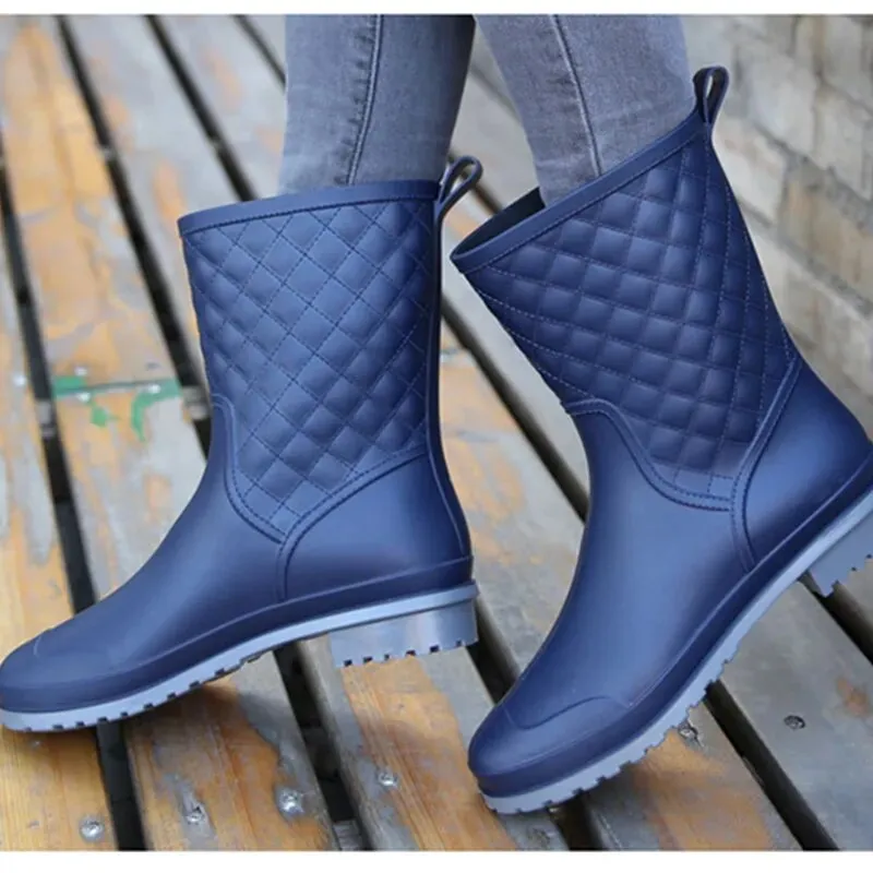 Women New Rainboots Plaid Casual Boots Fashion  Mid-Calf Rain Boots - WRB50151