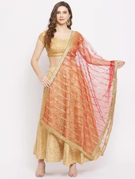 Women Red Sequined Net Dupatta