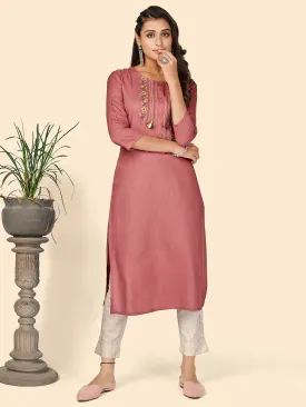 Women'S Embroidered Straight Rayon Rust Pink Stitched Kurta