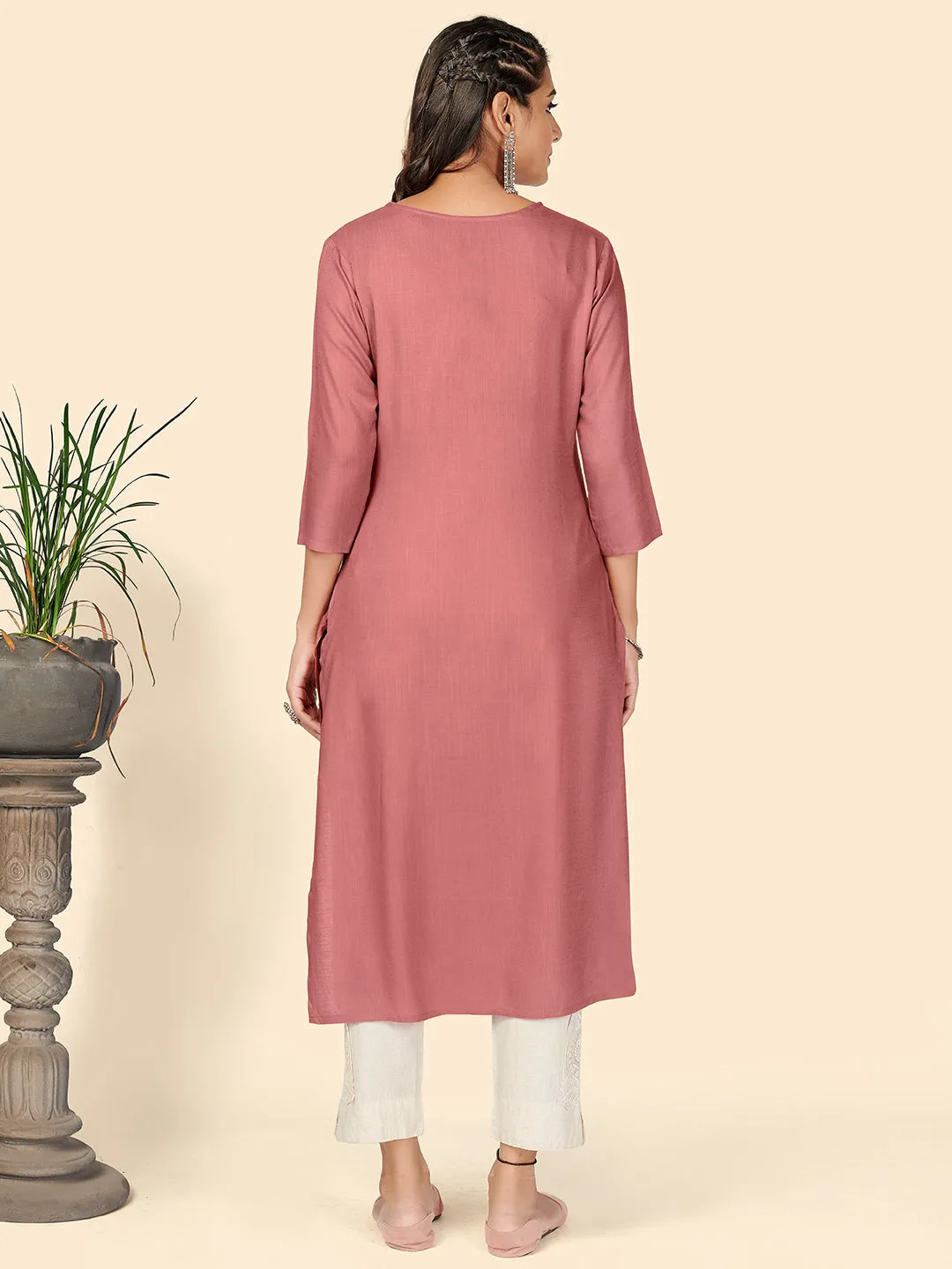 Women'S Embroidered Straight Rayon Rust Pink Stitched Kurta